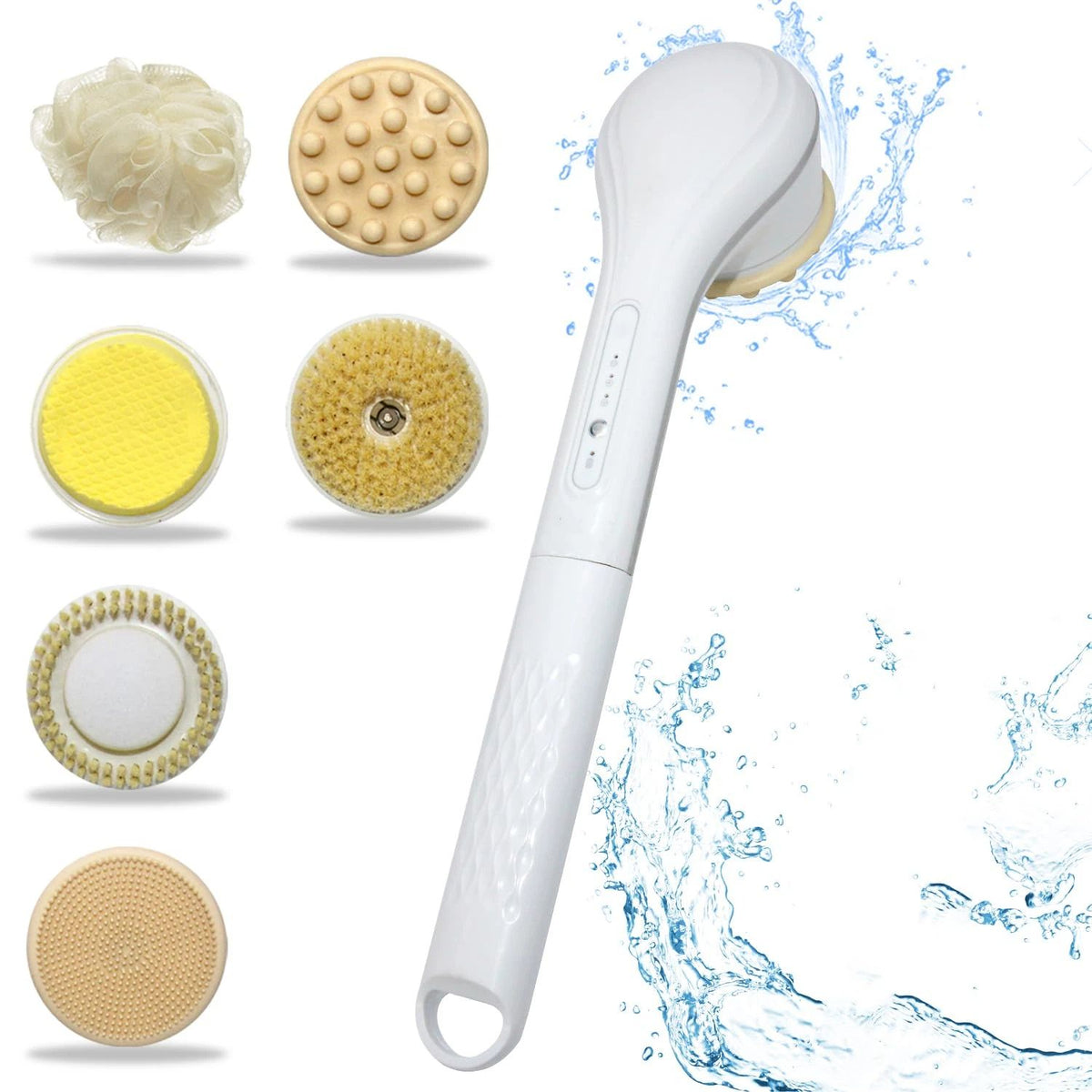 Generic Electric Body Brush Set for Showering,Exfoliating Bath Brush Long Handle for Shower Lotion Applicator for Back Silicone Body Scrubber with 6 Shower Brush Heads for Women Men Gifts (White)