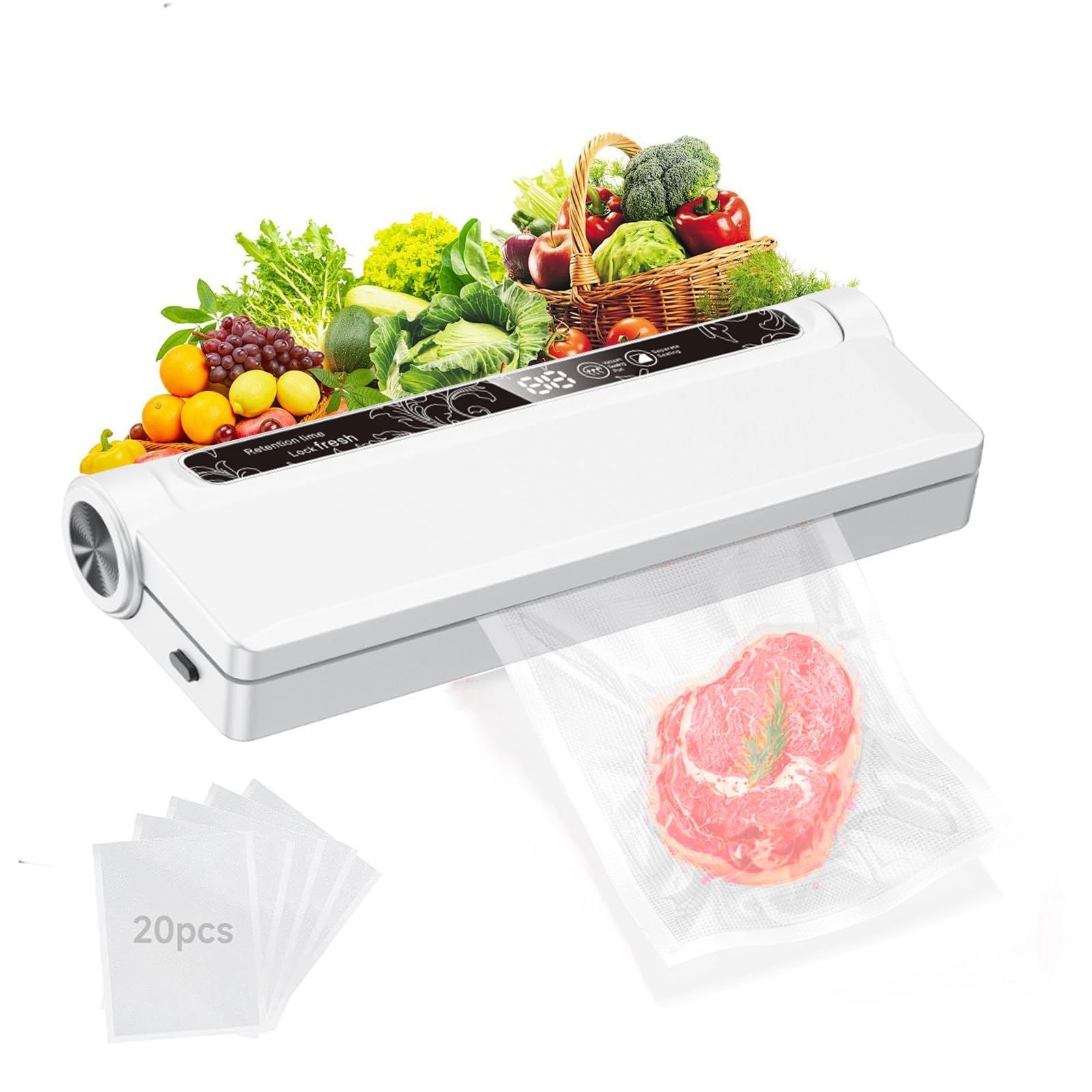 Food Vacuum Sealer Machine, 60KPA Strong Suction, Dry/Wet Modes, 20 Vacuum Seal Bags for Food, Digital Countdown Timer, Compact Lightweight, Ideal for Home Kitchen Use（white8.5*9.5*4cm）