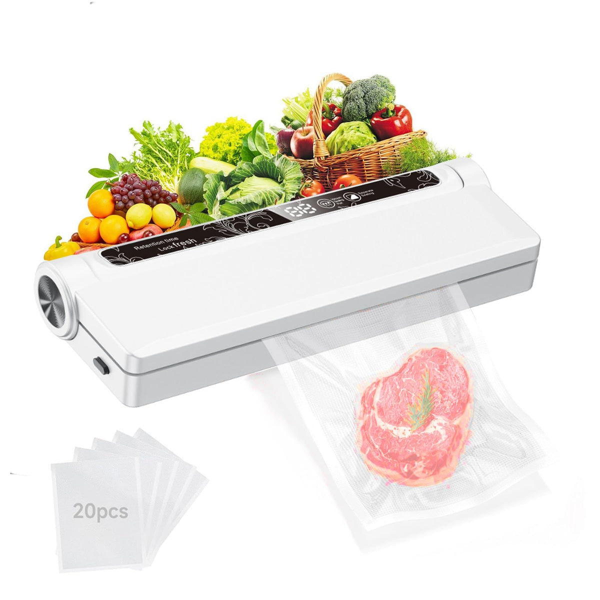 Food Vacuum Sealer Machine, 60KPA Strong Suction, Dry/Wet Modes, 20 Vacuum Seal Bags for Food, Digital Countdown Timer, Compact Lightweight, Ideal for Home Kitchen Use（white8.5*9.5*4cm）
