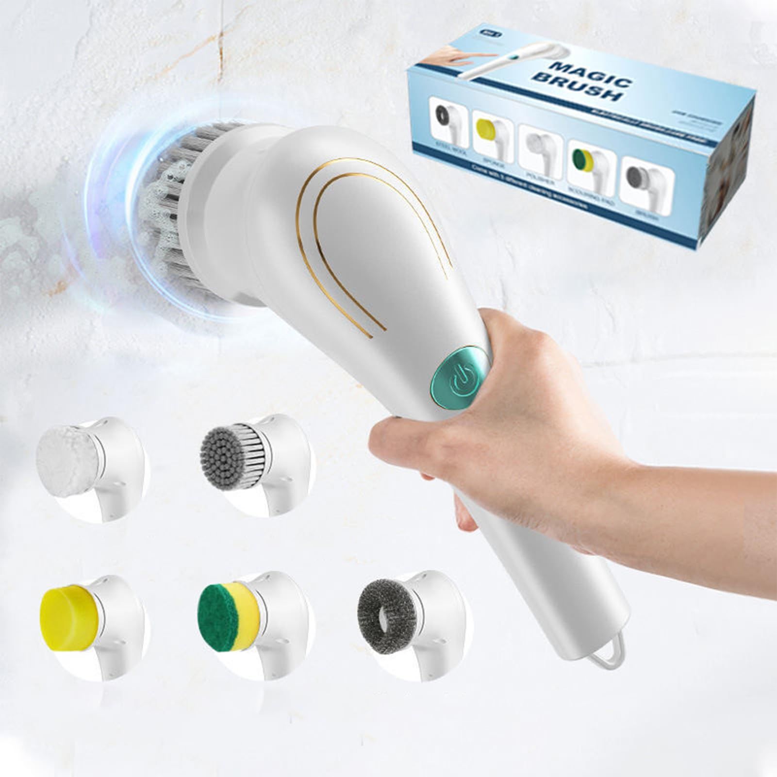 Electric Spin Scrubber, Handheld Cordless Rechargeable Electric Cleaning Brush with 5 Replaceable Heads,Power Cleaning Brush for Kitchen, Dish, Floor, Bathroom, Glass24.5*4.5*8.5cm,white