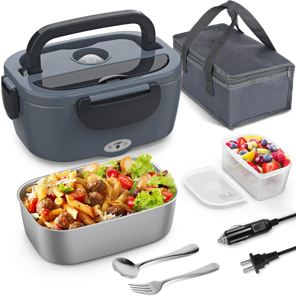 Electric Lunch Box, 2 in 1 Heated Lunch Box for Adults, Portable Heating Lunch Box with 1.5L Removable Stainless Steel Container for Office/Car/Truck, 110V 12V, 80W-60W, Black Grey