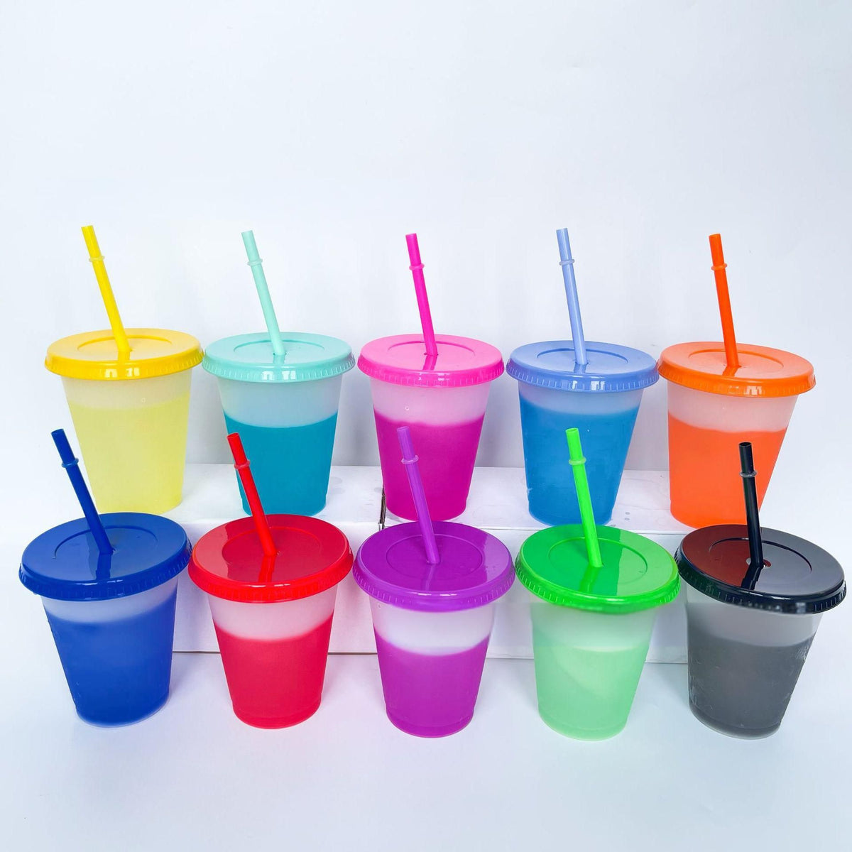 Color Changing Cups, 10 Pack 16oz Plastic Tumblers, Reusable Iced Coffee & Smoothie Cups with Lids and Straws for Parties and Travel
