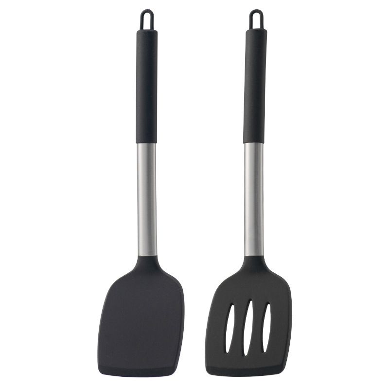 Pack of 2 Silicone Solid , Non Stick Slotted Kitchen Spatulas, High Heat Resistant BPA Free Cooking Utensils, Ideal Cookware for Fish, Eggs, Pancakes(Black)