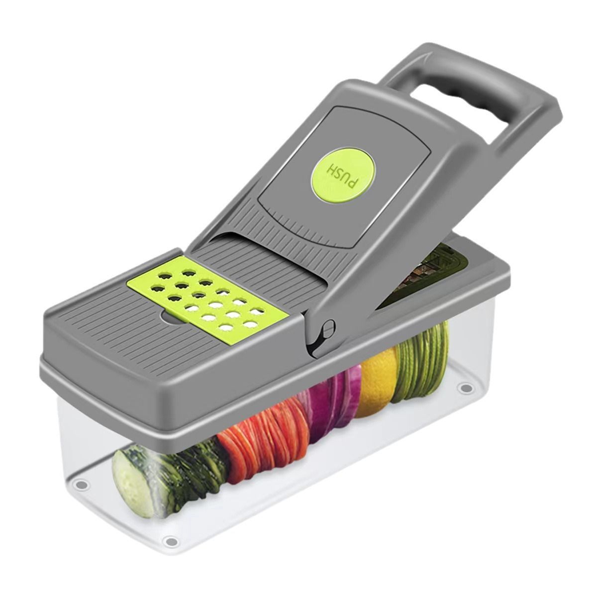 Vegetable Chopper, 7 Blade Veggie Chopper, Practical Food Chopper with Container, Cheese Grater, Home Essentials & Kitchen Gadgets(Green/Grey)（32*11*11cm)