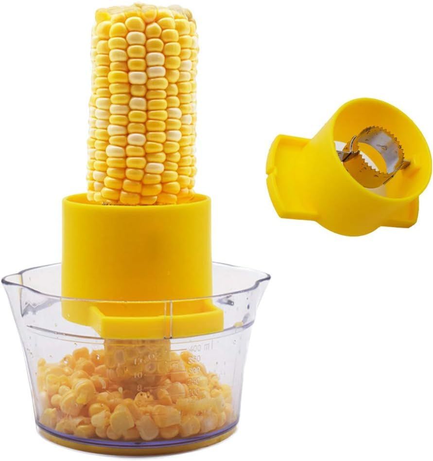 2-in-1 Corn Stripper and Peeler Tool with Bowl, Quick & Safe Corn Kernel Cutter for Shucking Corn on Cob, Comes with Non-Slip Safety Handle (Yellow)