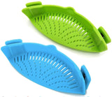 Strainer, 2 Packs of Hands-free Clip-on Heat Resistant Colander Pour Spout for Pasta Vegetable Noodles Pot bowl Pan （green+ blue）