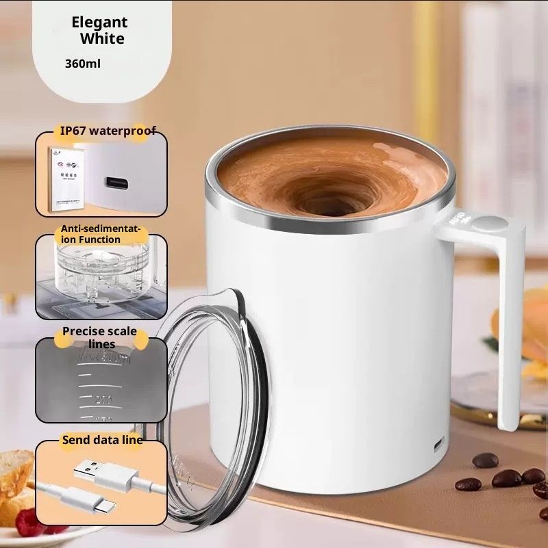 Self Stirring Coffee Mug 12.2 oz, Electric Mixing Cup with Magnetic Stirrer & Anti-Sedimentation, Rechargeable Travel Mug for Coffee, Milk, Hot Cocoa (White)