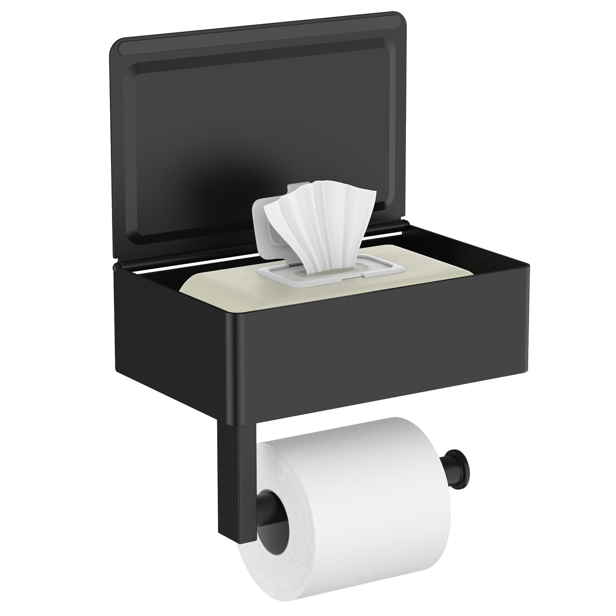 Matte Black Toilet Paper Holder with Shelf, Wipe Holder for Bathroom Flushable Wipes Dispenser Toilet Paper and Wipes Holder Toilet Paper Holder with Storage（20.5*13*15.5cm)