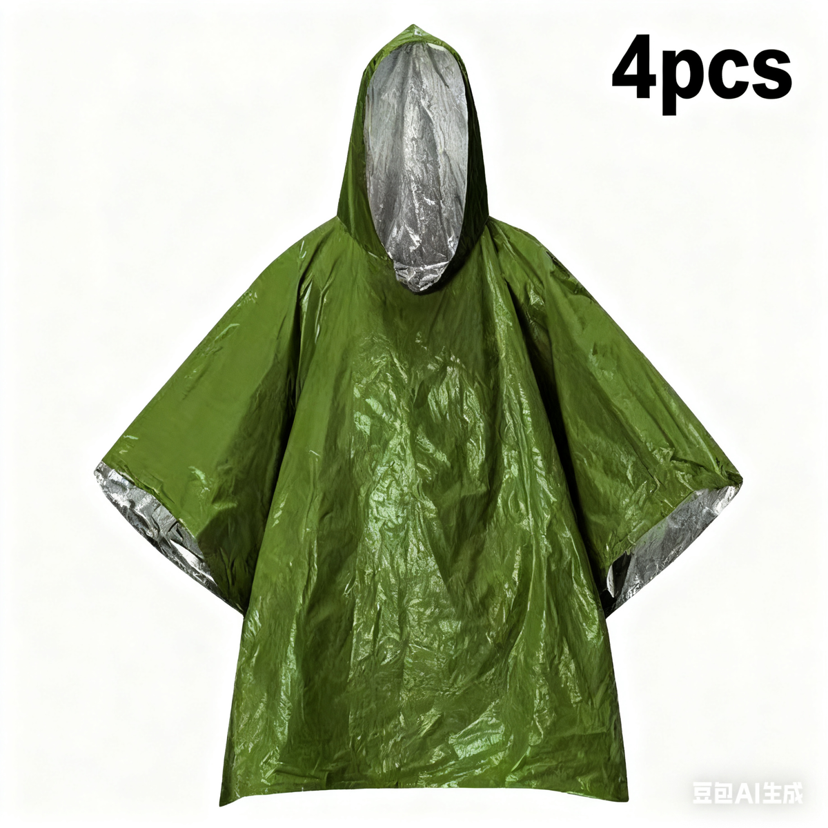 4pcs Emergency Poncho and Mylar Blanket Liner - Waterproof, Wind-Resistant Outdoor Rain Poncho for Camping, Emergencies,Expand size 100 * 130cm(military green）