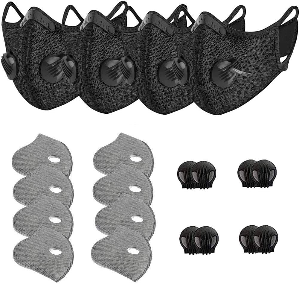 4 Pack Unisex Adjustable Reusable Washable Dust Protect Mouth Cover with 8Carbon Filters and 8 Breathing Valves for Bicycle Running Riding Cycling Outdoor Sport Black