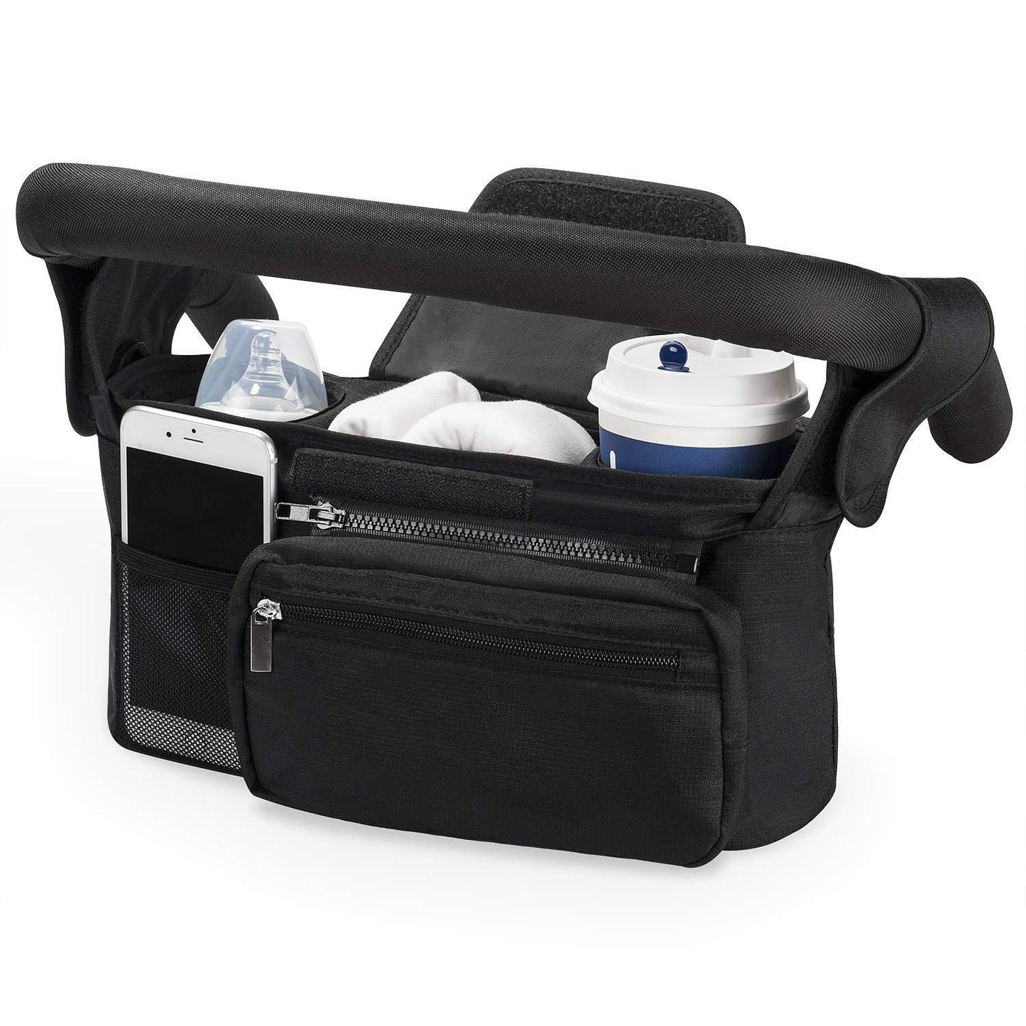 Universal Stroller Organizer with Insulated Cup Holder, Detachable Phone Bag, Shoulder Strap – Fits All Stroller Types, Keeps Drinks Hot/Cold (Black)