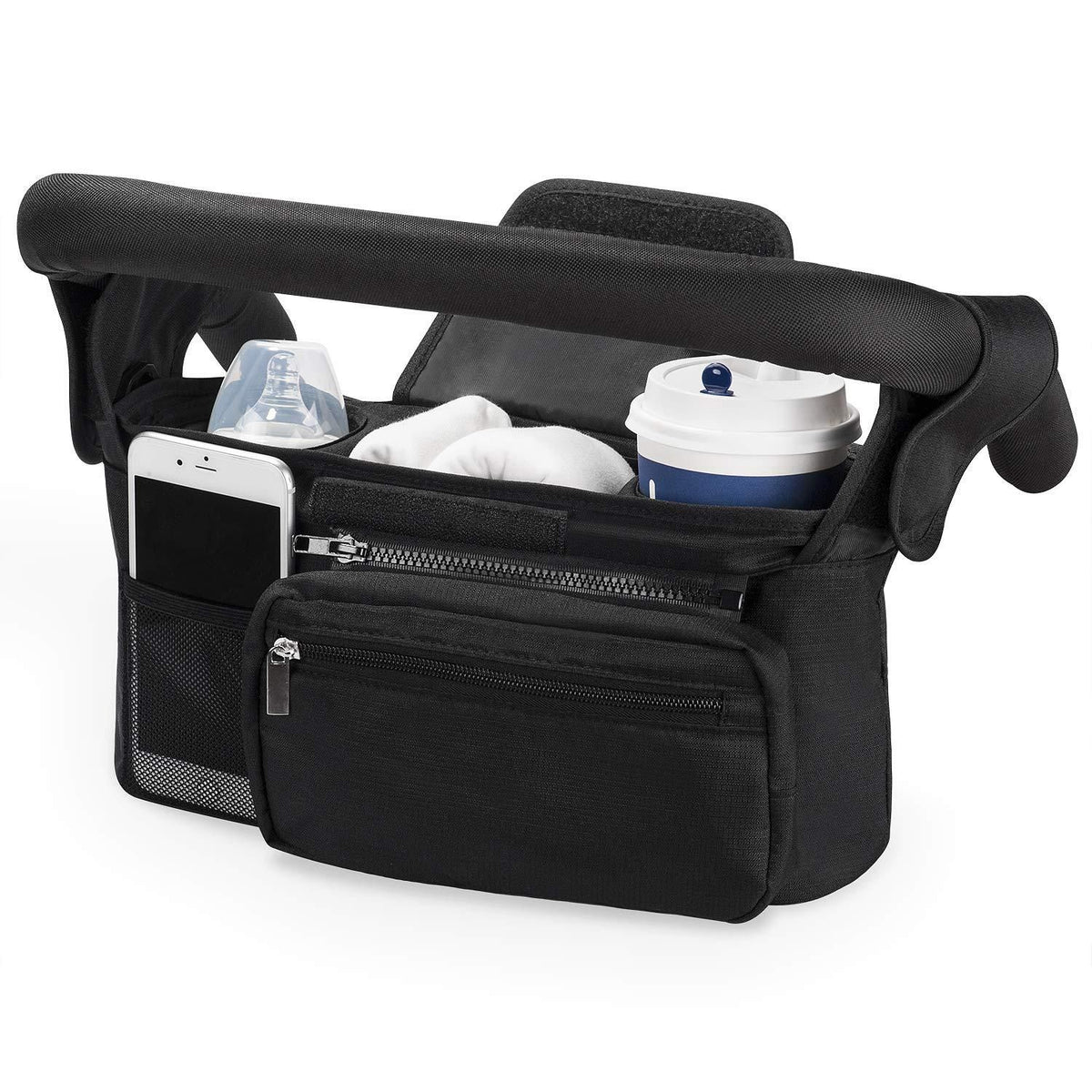 Universal Stroller Organizer with Insulated Cup Holder, Detachable Phone Bag, Shoulder Strap – Fits All Stroller Types, Keeps Drinks Hot/Cold (Black)