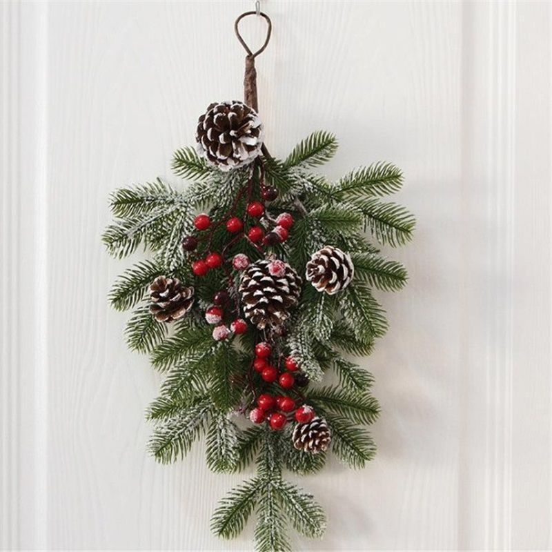 Elegant Flocked Teardrop Swags with Pinecones and Berries, Shimmering Holiday Hanging Decor for Indoor Door Wall Mantel,（55*35cm）