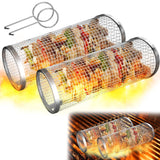 2PCS Rolling Grill Baskets for Outdoor Grill, Egg Accessories-Set Includes Fork, Hook, and Oil Brush-304g Stainless Steel-Perfect Gifts for Dad, Camping Must Haves, Unique Outdoor Gifts