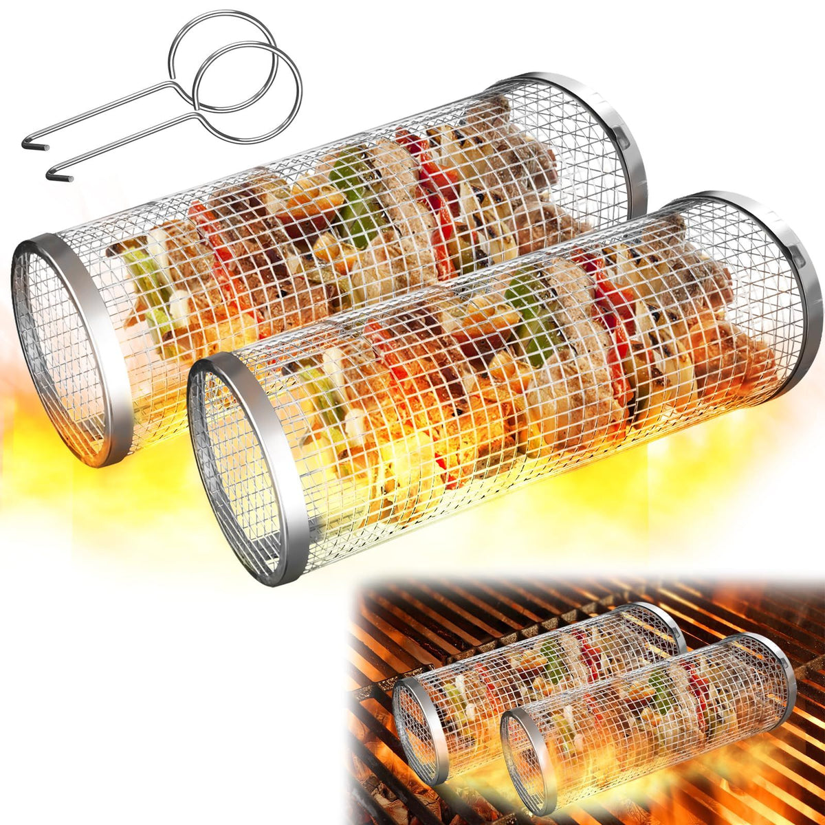 2PCS Rolling Grill Baskets for Outdoor Grill, Egg Accessories-Set Includes Fork, Hook, and Oil Brush-304g Stainless Steel-Perfect Gifts for Dad, Camping Must Haves, Unique Outdoor Gifts