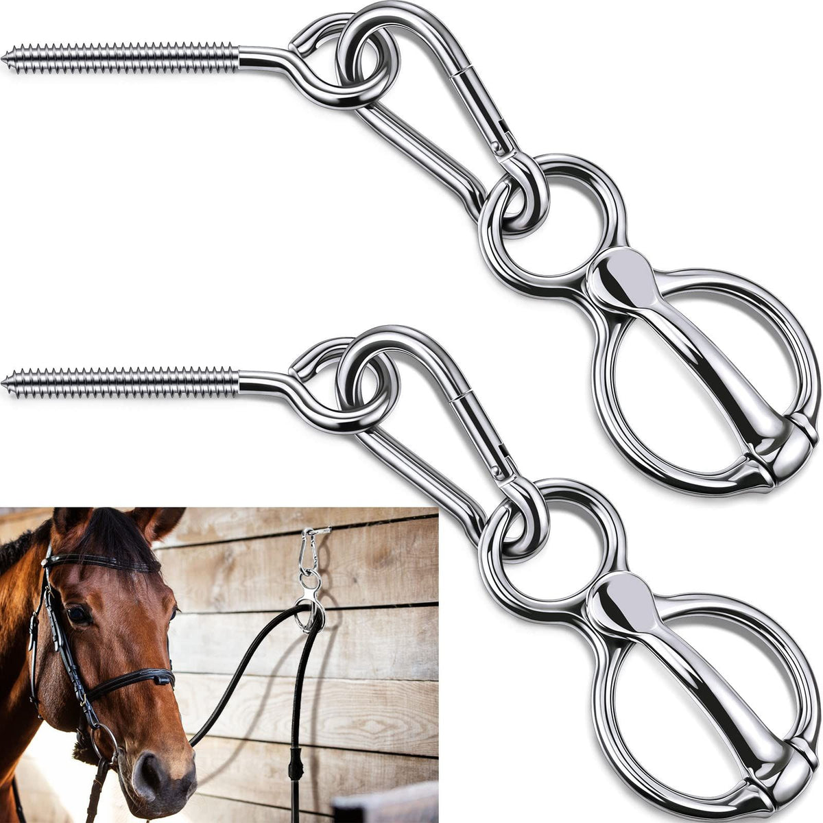 2 Sets Horse Tie Ring, Horse Tack and Supplies Horse Training Equipment Safe Horse Accessories with Eye Bolt, Tie Rings (Silver)