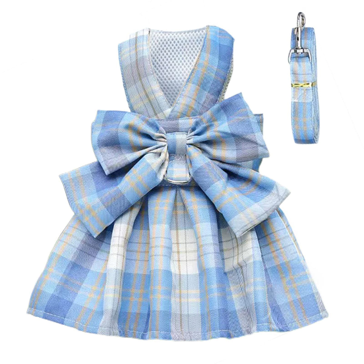 Dog Harness and Leash Set, Cute Bow Tie Plaid Harnesses for Puppy Cat, Adjustable Pet Kitties Vest, Breathable Harness Traction Rope for Boy Girl Small Animal(Skirt Sky Blue,M for 5.5-8.8lbs Dog)