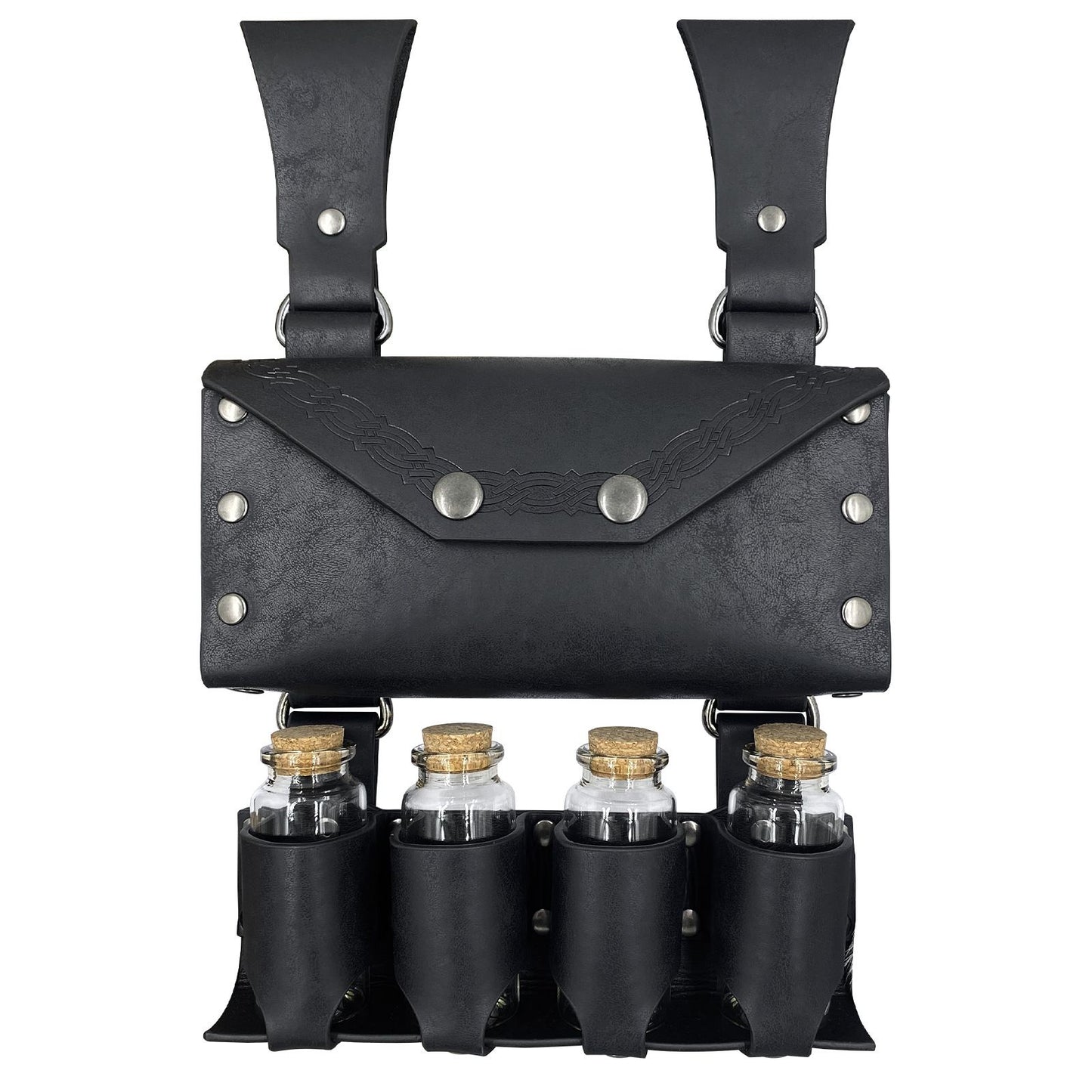 Medieval Alchemy Belt Bag with 4 Cork Potion Vials, Fantasy Wizard Waist Pouch Side Pack with Glass Vials Wizard Waist Pouch Side Pack(Black)