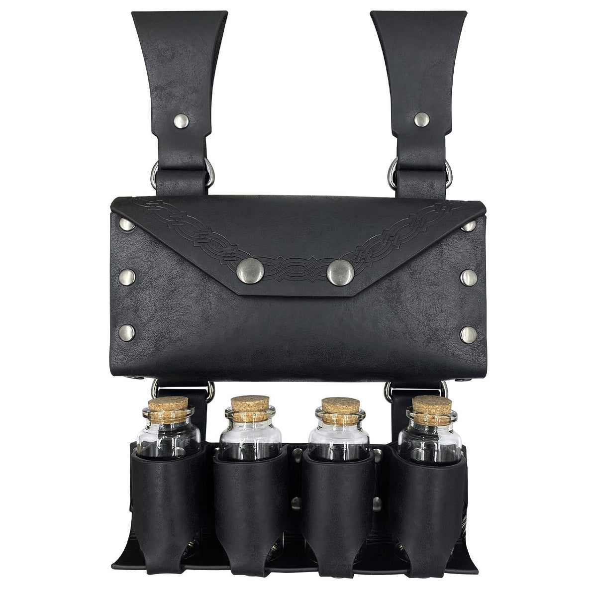 Medieval Alchemy Belt Bag with 4 Cork Potion Vials, Fantasy Wizard Waist Pouch Side Pack with Glass Vials Wizard Waist Pouch Side Pack(Black)