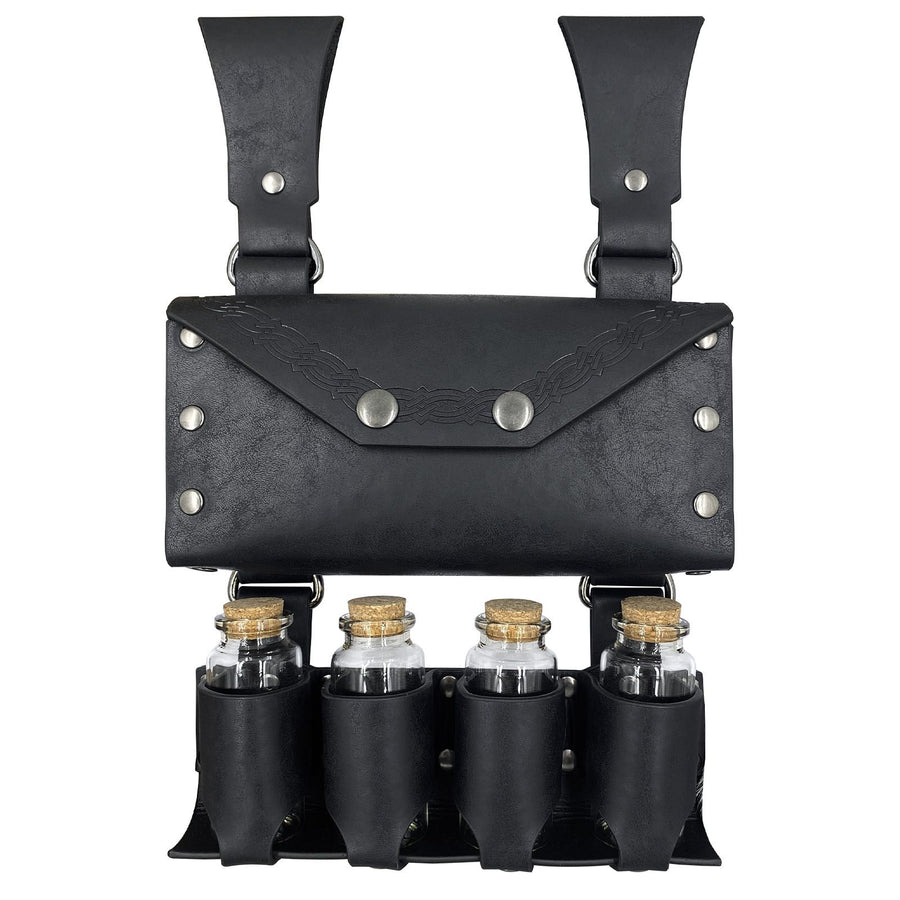Medieval Alchemy Belt Bag with 4 Cork Potion Vials, Fantasy Wizard Waist Pouch Side Pack with Glass Vials Wizard Waist Pouch Side Pack(Black)
