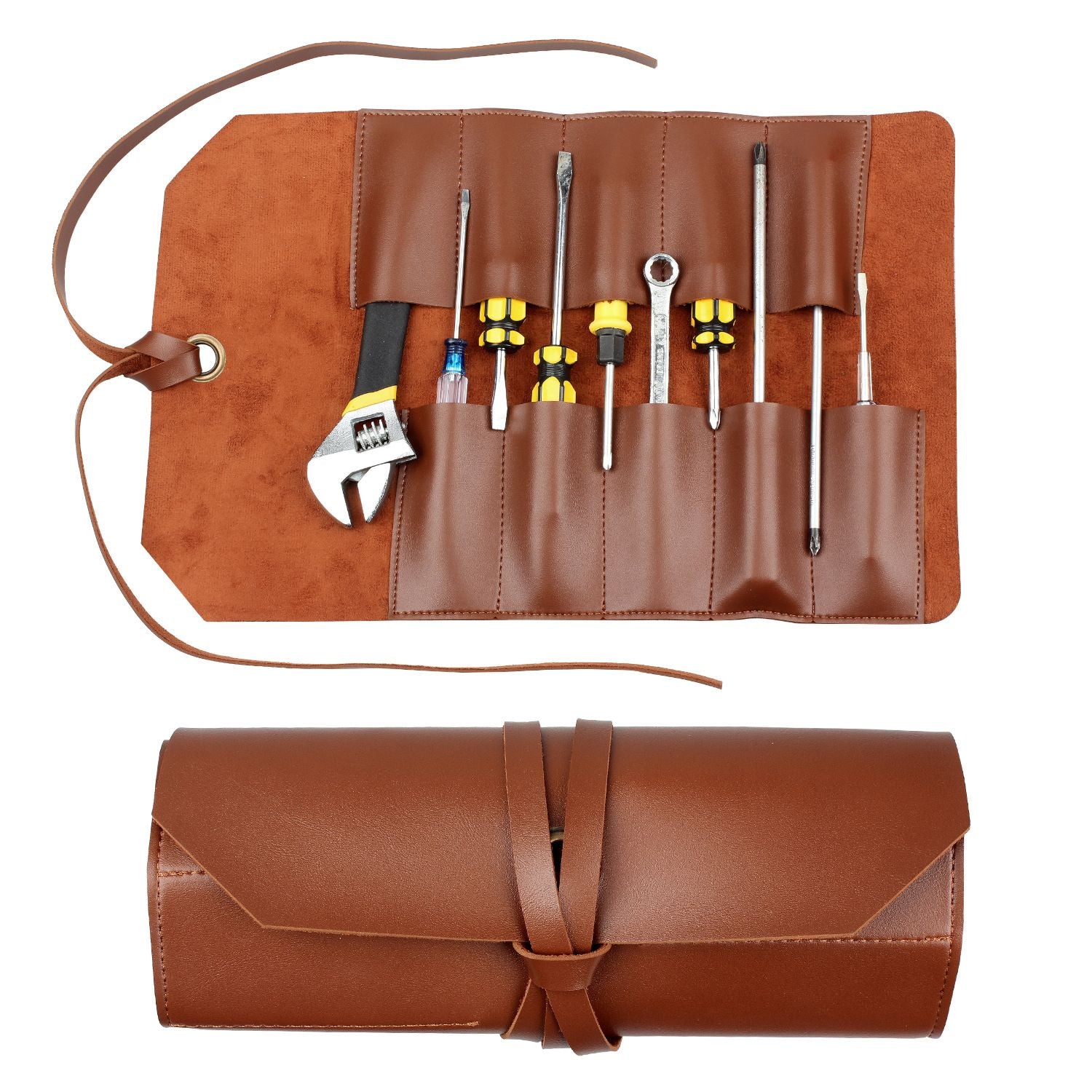 Leather Tool Bag Roll Up, 10Slot Heavy Duty Tool Roll Bag Organizer,  Durable Tool Kit Folding Tool Pouch Roll Up Mechanic Gifts for Men brown（Does not include tools）