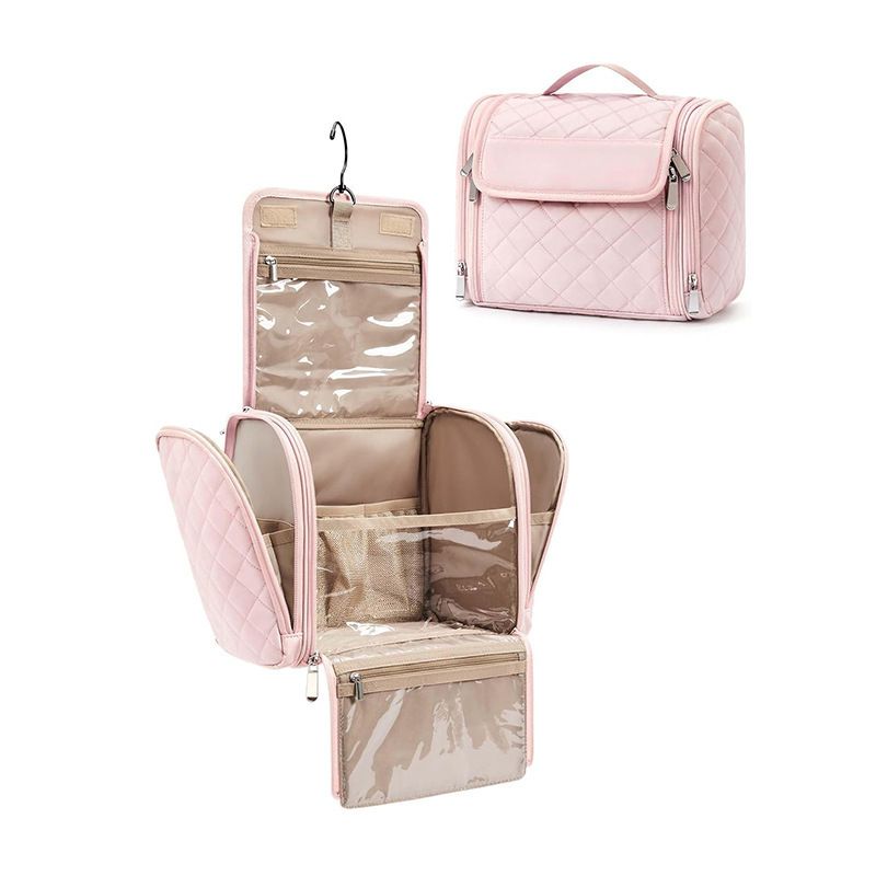 Makeup Bag for Women with Hanging Hook, Large Portable Capacity Water-resistant Organizer Travel Case for Toiletries and Cosmetics, Pink