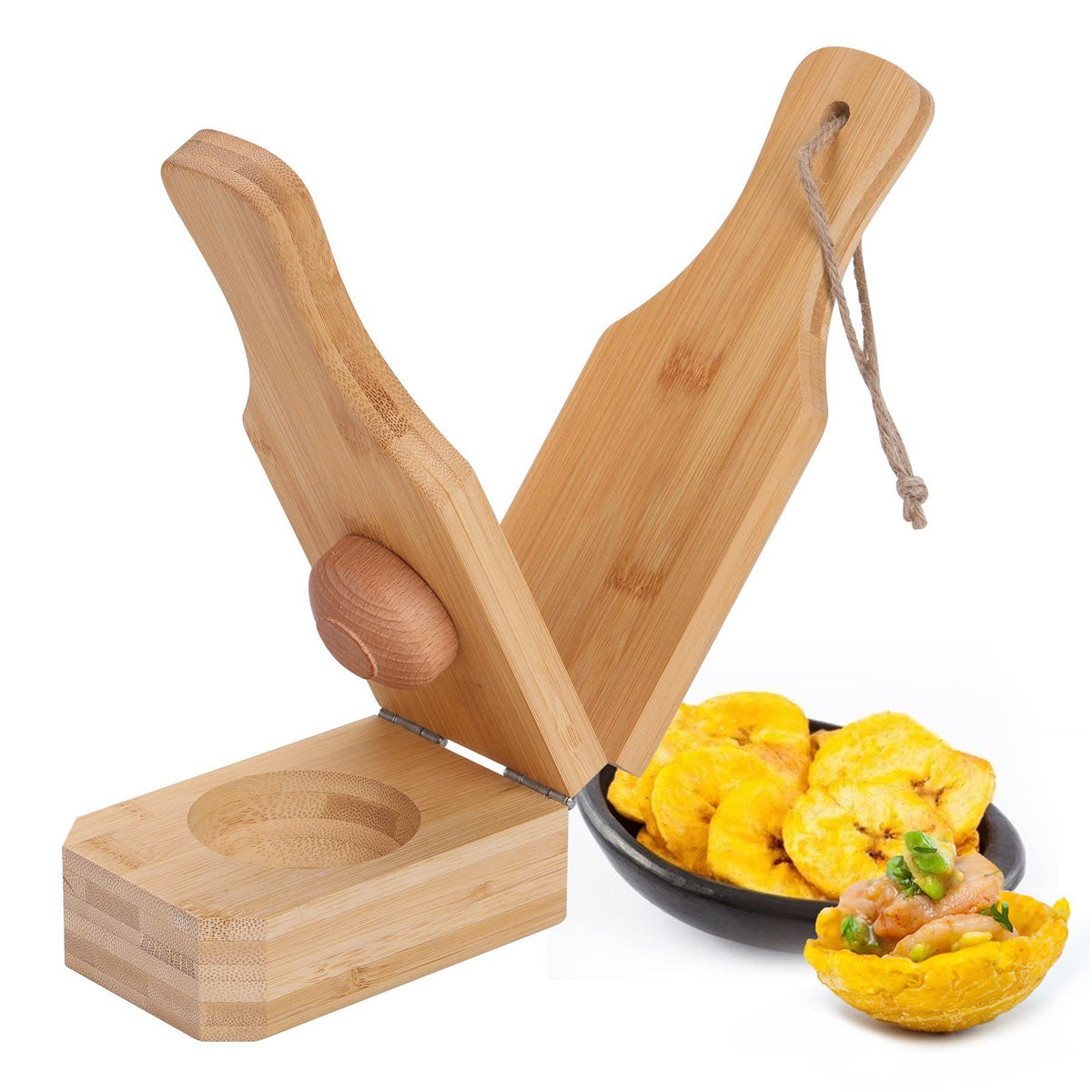 Wooden Tostonera Plantain Press Banana Smasher Maker Green Plantain's Wood Press  2 in 1 Wooden Crispy Green Plantain Tostones Press for Fried Plantains Chips &Tostones Cups