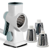 Rotary Cheese Grater Shredder with Handle Handheld Round Vegetable Slicer Carrot Shredder Nut Grinder with 3 Replaceable Stainless Steel Drum Blades and Upgrade Strong Suction, White/Cyan
