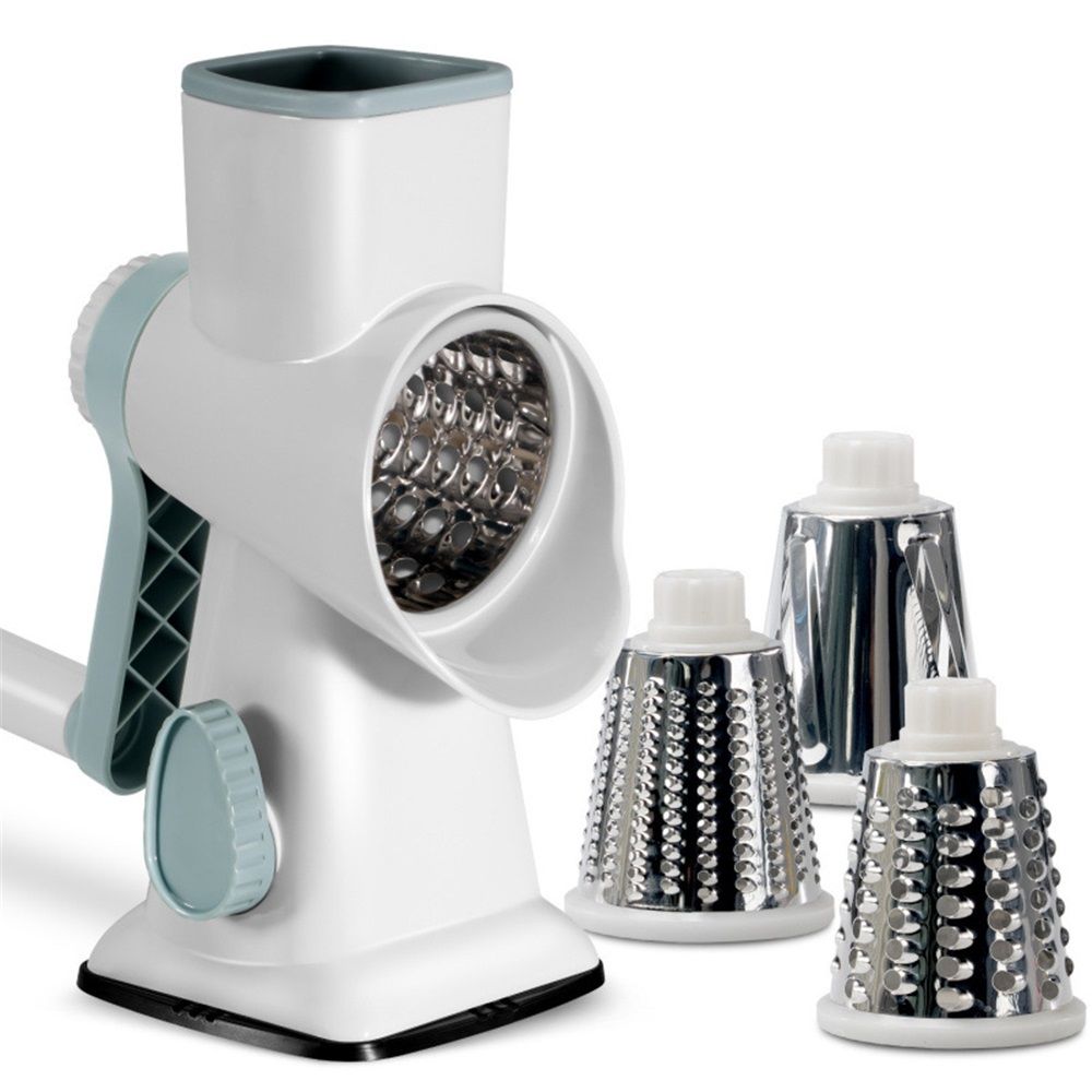 Rotary Cheese Grater Shredder with Handle Handheld Round Vegetable Slicer Carrot Shredder Nut Grinder with 3 Replaceable Stainless Steel Drum Blades and Upgrade Strong Suction, White/Cyan