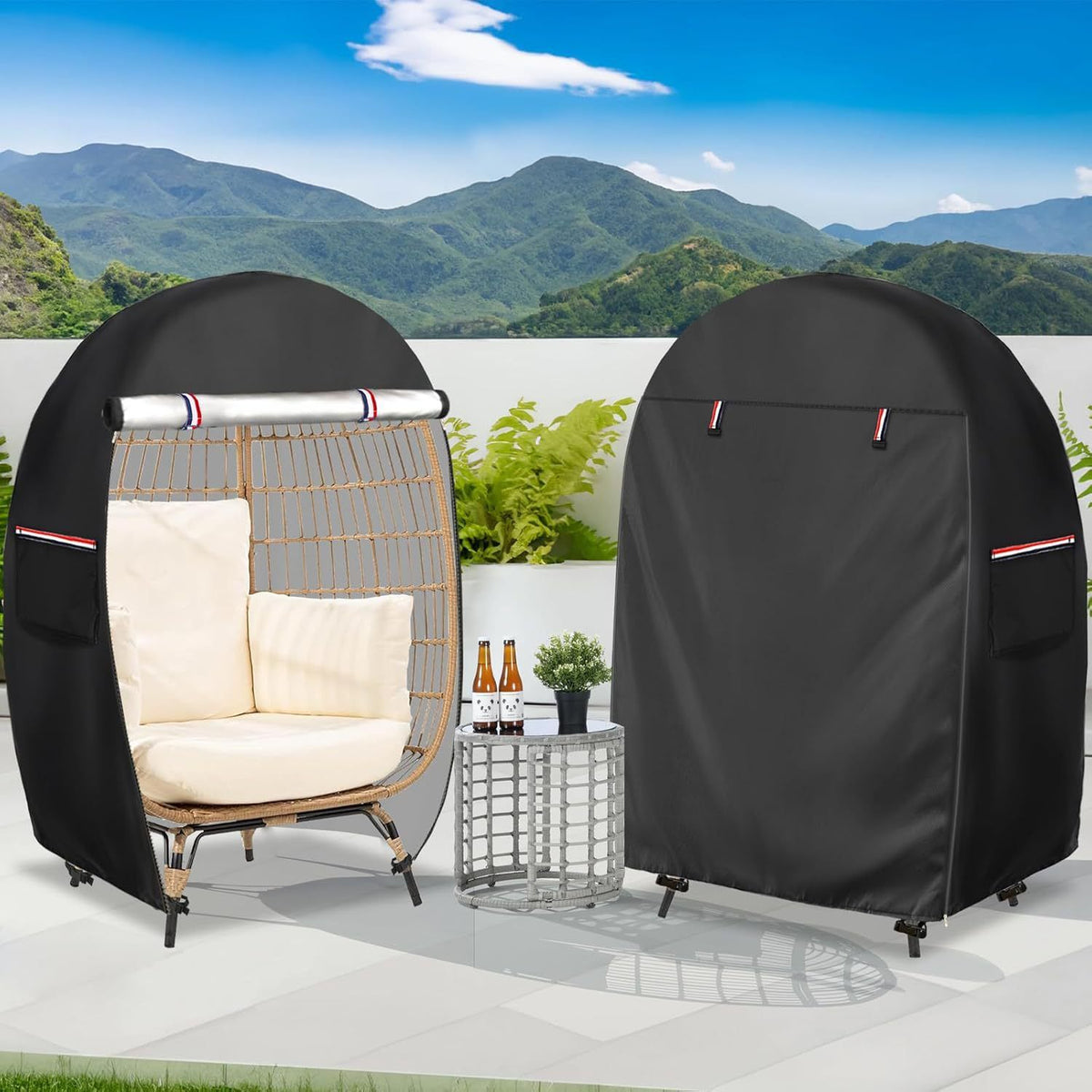 Outdoor Egg Chair Cover,Double Egg Chair Cover for 2 Person Egg Loveseat Chair (Black,Fits 35.4" D x 57.1" W x 56.3" H Egg Chair)（145*90*143cm）