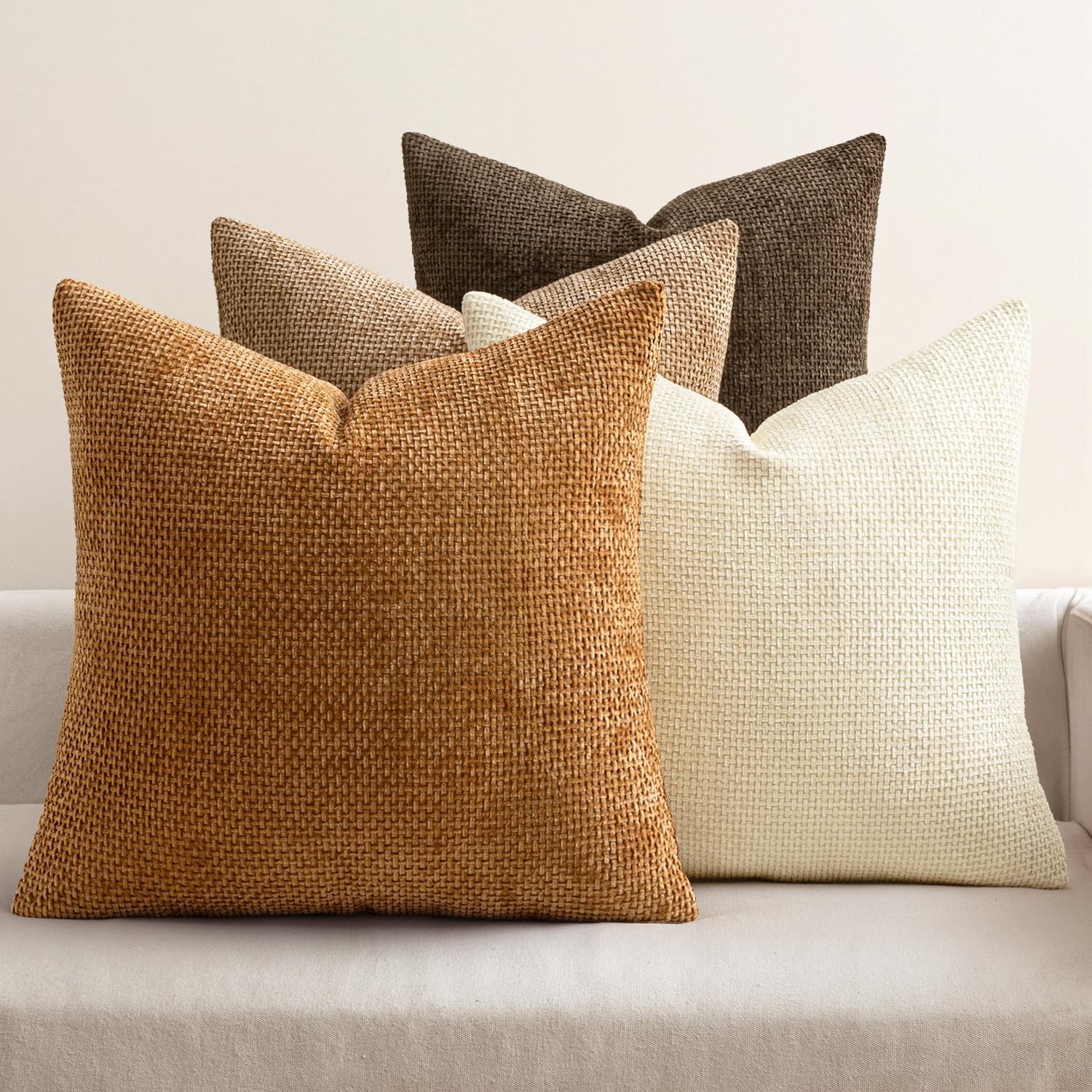 Pack of 4 Brown Couch Throw Pillow Covers 18x18 Inch Soft Decorative Chenille Pillows Farmhouse Accent Cushions for Boho Home Decor Spring Sofa Bedroom Living Room(Excluding pillow insert)