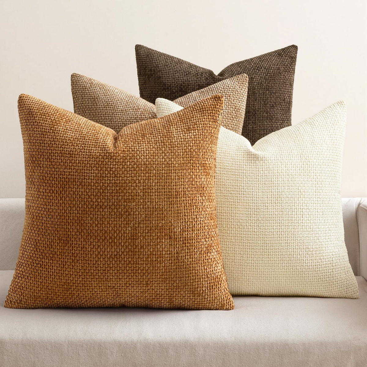 Pack of 4 Brown Couch Throw Pillow Covers 18x18 Inch Soft Decorative Chenille Pillows Farmhouse Accent Cushions for Boho Home Decor Spring Sofa Bedroom Living Room(Excluding pillow insert)