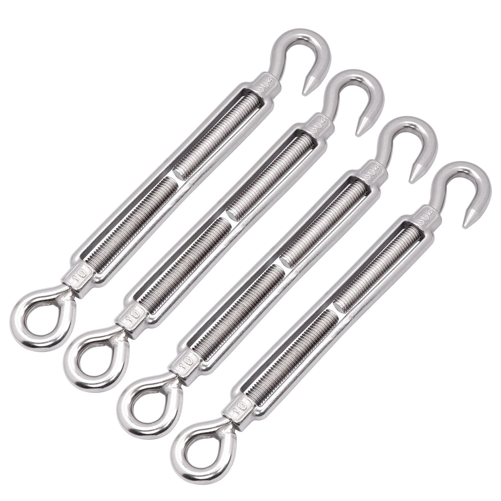 4pcs Shade Sail Hardware, 304 Stainless Steel Turnbuckle Heavy Duty M10 Turnbuckle Hook and Eye Tent Rope Tensioner Adjustable Eye Hook Sun Shade Turnbuckle for Cables Wire