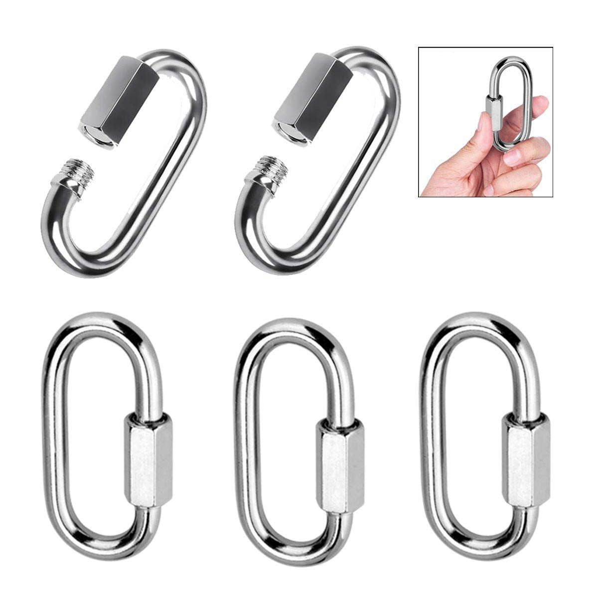 5pcs Quick Link, 304 Stainless Steel D Shape Locking Carabiner Heavy Duty Chain Link Keychain for Outdoor Fence Gate Swings Pet Dog M8