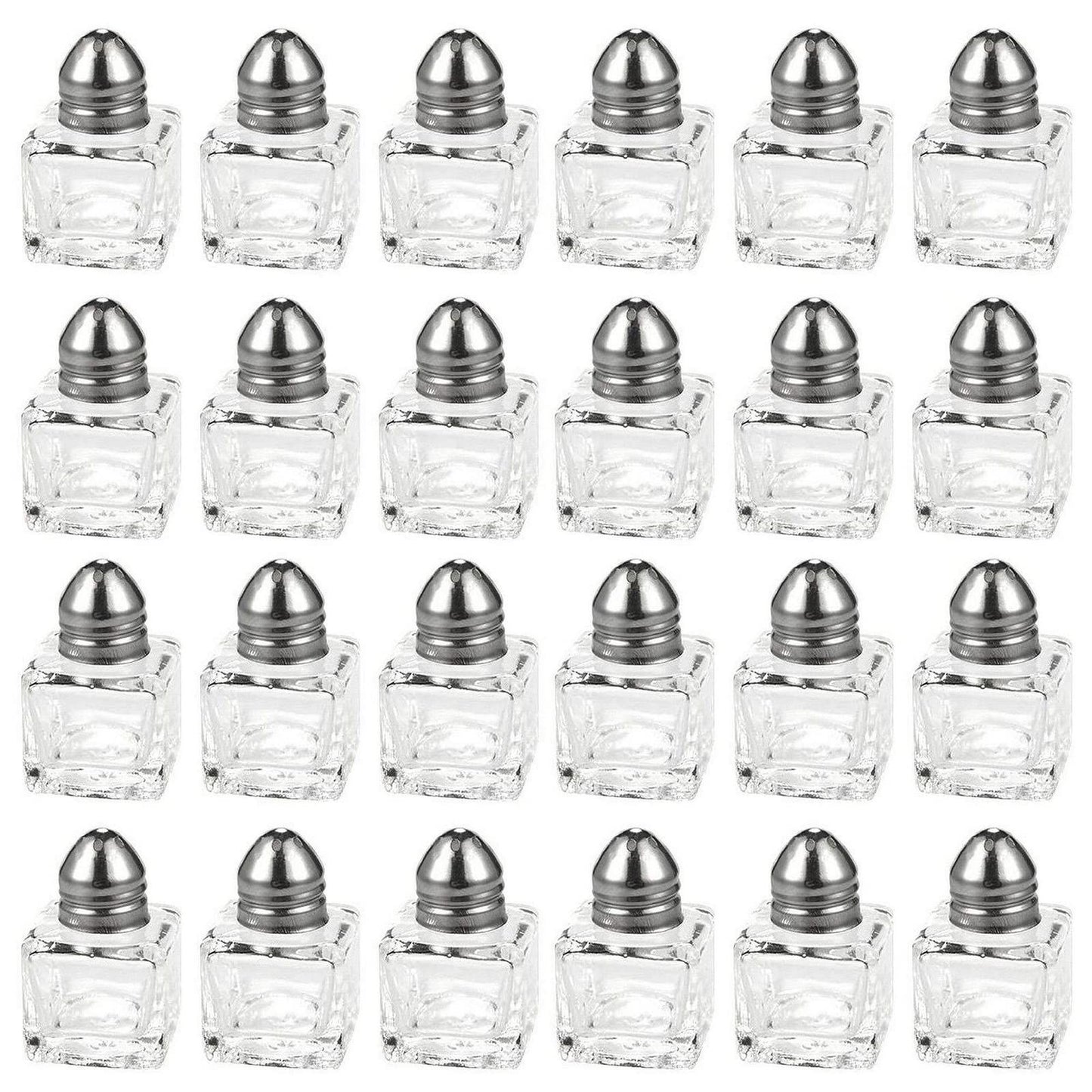 24 pack 1/2 oz Mini Salt Shakers Stainless Steel - Mini Square Glass Cube Salt and Pepper Shakers with Stainless Steel Top Individual Shakers for Restaurants or Weddings