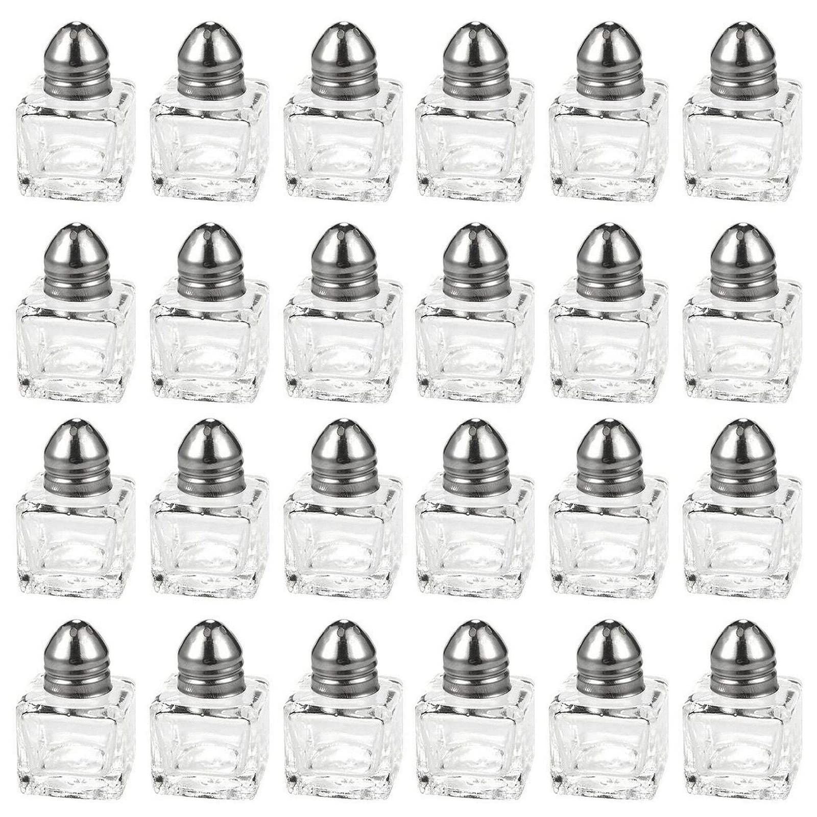 24 pack 1/2 oz Mini Salt Shakers Stainless Steel - Mini Square Glass Cube Salt and Pepper Shakers with Stainless Steel Top Individual Shakers for Restaurants or Weddings