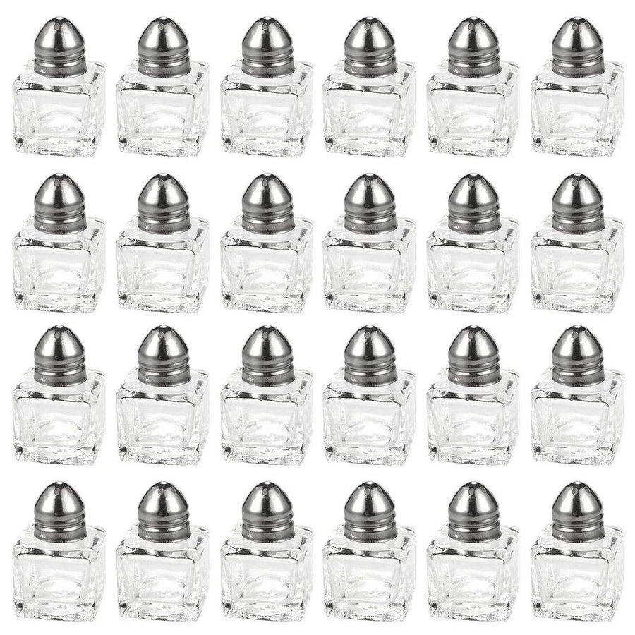 24 pack 1/2 oz Mini Salt Shakers Stainless Steel - Mini Square Glass Cube Salt and Pepper Shakers with Stainless Steel Top Individual Shakers for Restaurants or Weddings