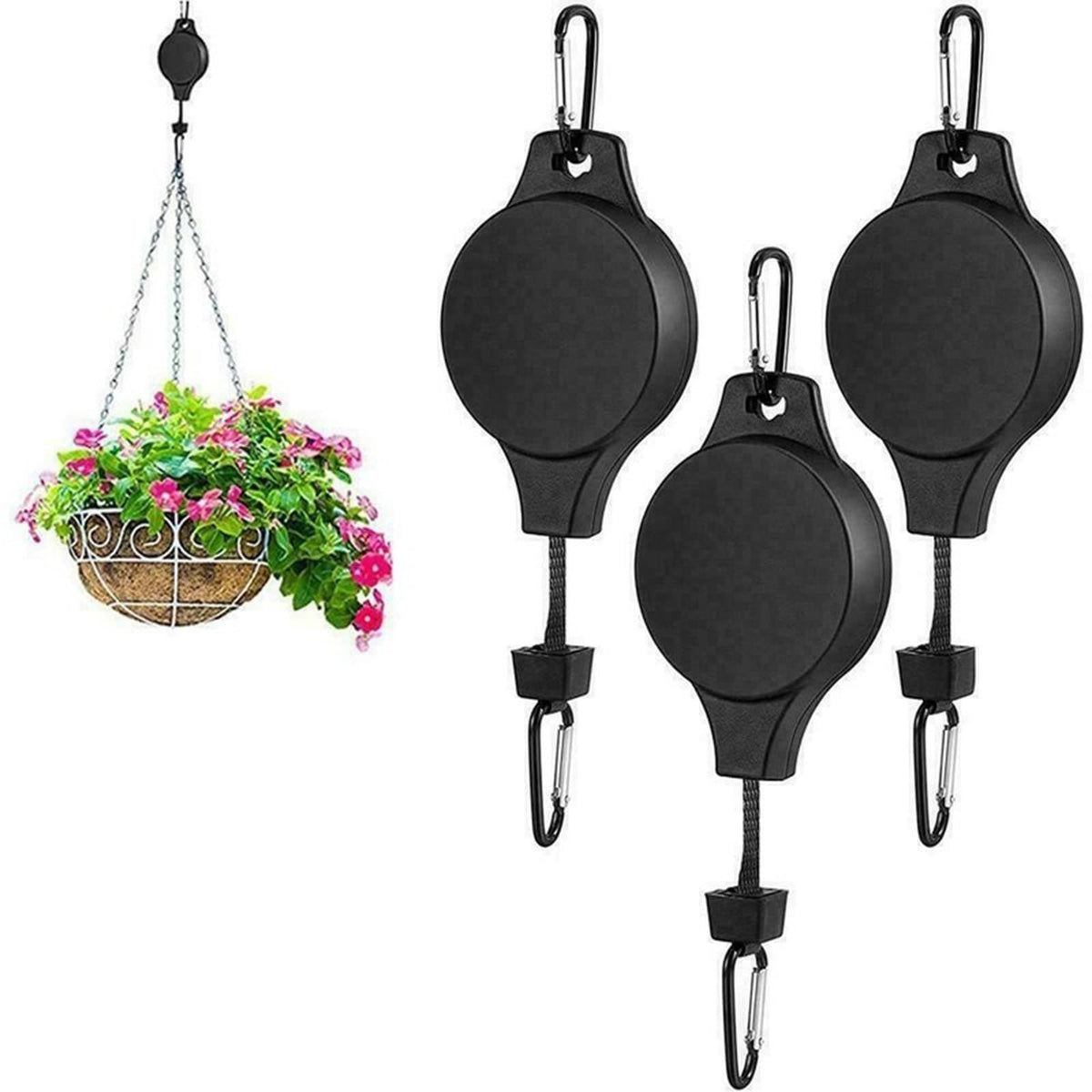 4 PCS Heavy Duty Retractable Plant Hanger,Plant Pulleys for Hanging Plants,Easy to Raise & Lower,Auto Lock,Adjustable Hook for Garden Baskets Pots,Birds Feeder (Black)