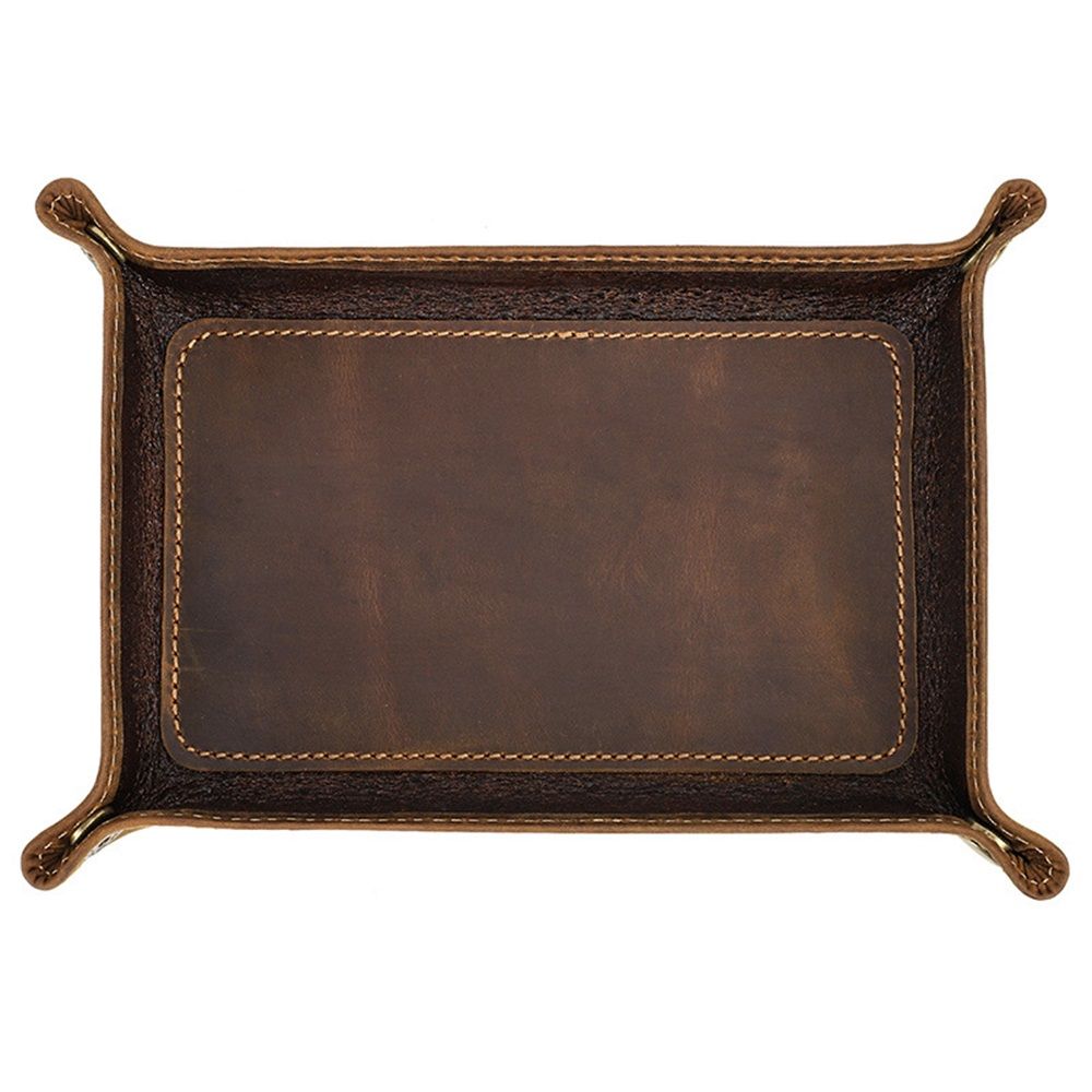 Leather Valet Tray for Men – Rustic Organizer for Keys, Phone & Wallet  Whiskey Barrel Brown  Perfect for Nightstand, Desk, Entryway