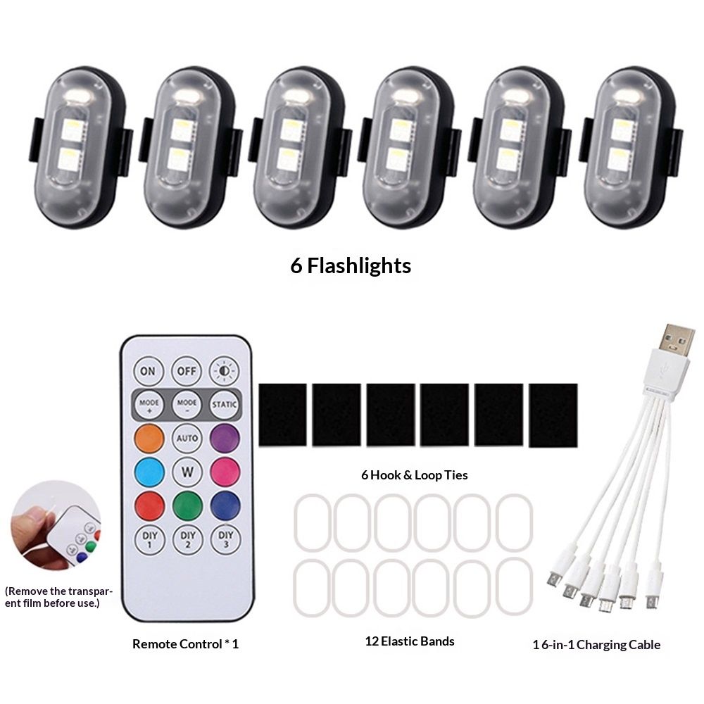 6PCS Wireless LED Lights for Car with Remote Control, Halloween Wireless LED Strobe Lights 8 Colors USB IP65 Waterproof Anti-Collision Warning Light for Car Interior Truck Drone Aircraft Bike