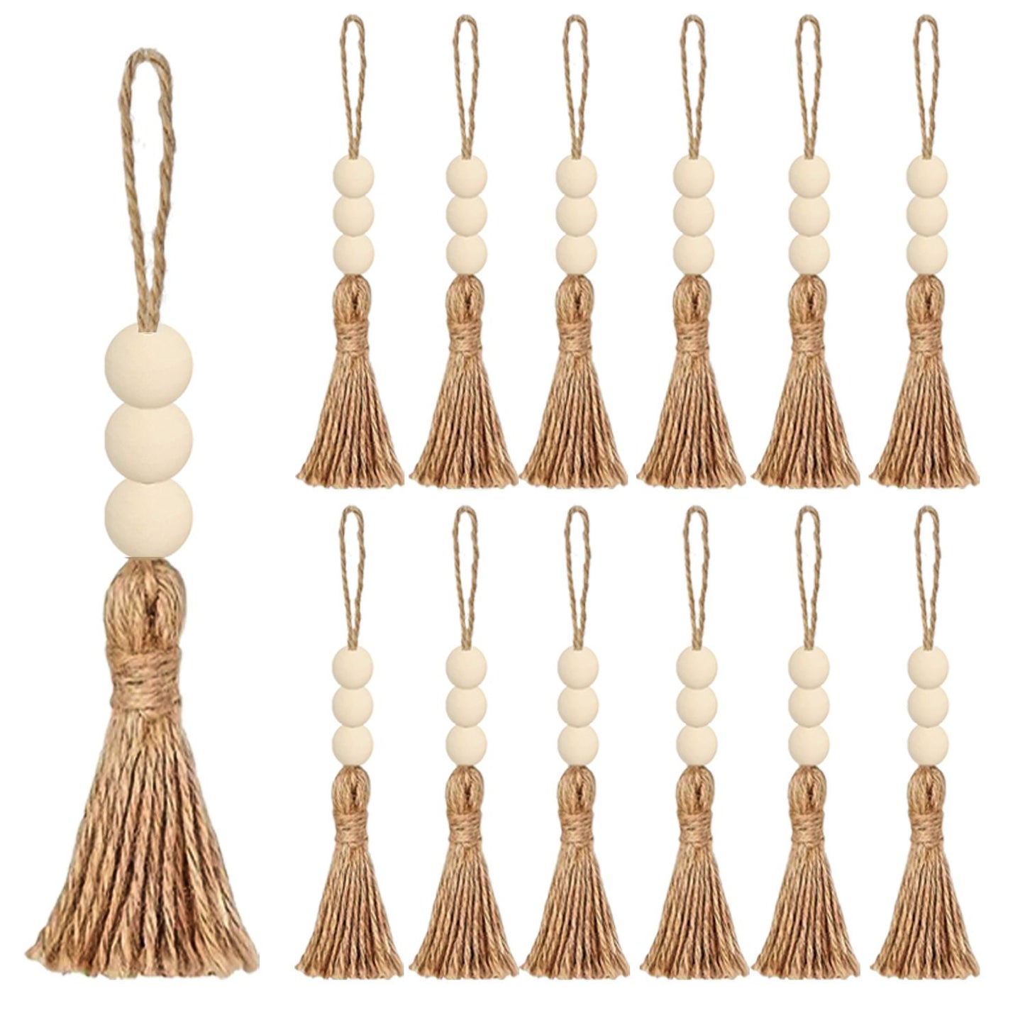 40 Sets Jute Tassels with 3 Wood Beads Natural Jute Rope Burlap Tassels for Christmas Tree DIY Craft Wood Beads Garland Project Wedding Home Party Decorations