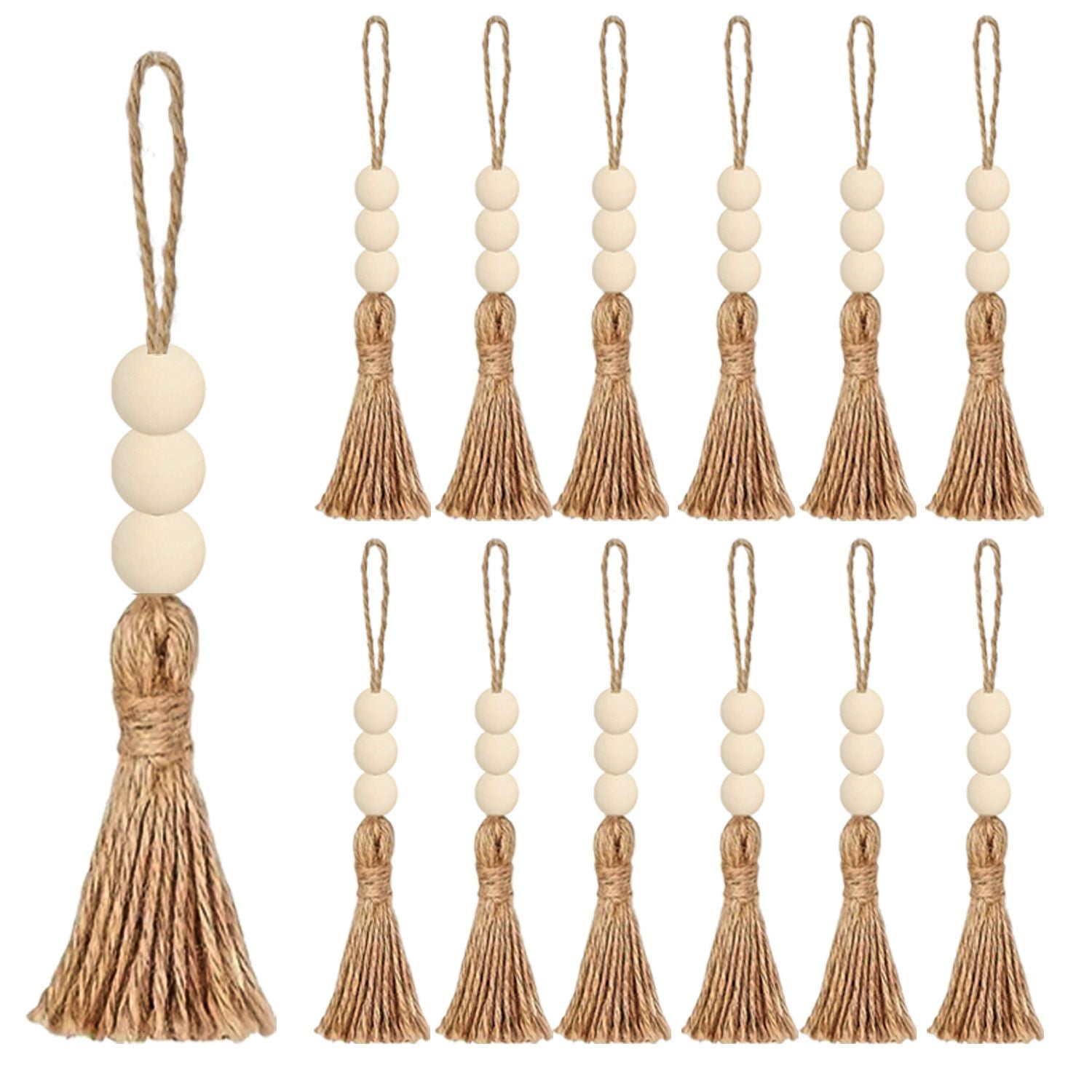 40 Sets Jute Tassels with 3 Wood Beads Natural Jute Rope Burlap Tassels for Christmas Tree DIY Craft Wood Beads Garland Project Wedding Home Party Decorations