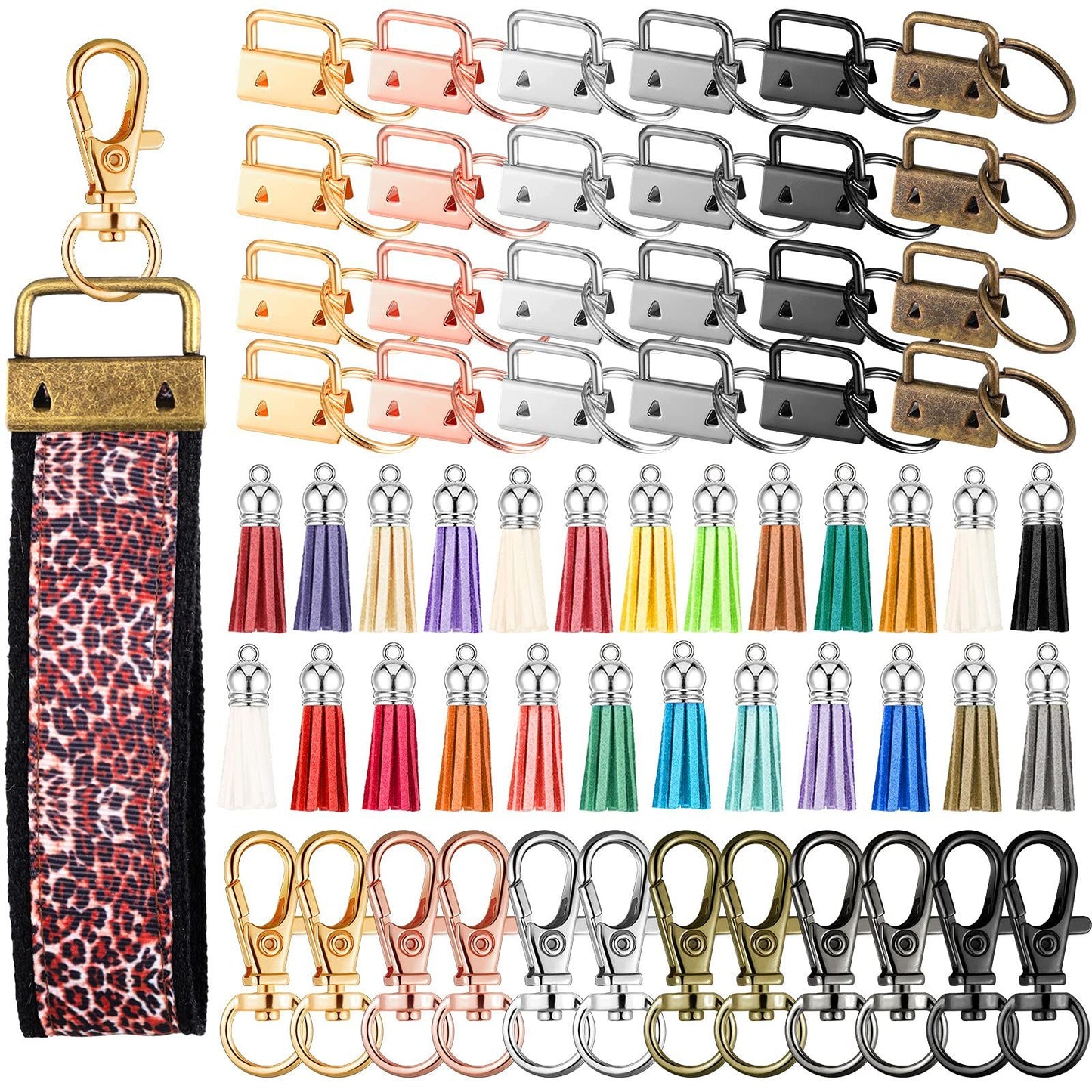 72 Pieces Key Fob Hardware Set Including 24 Wristlet with Keyring, Colorful Leather Keychain Tassel and Swivel Snap Hooks for Supplies, 6 Colors, Multicolor, Large