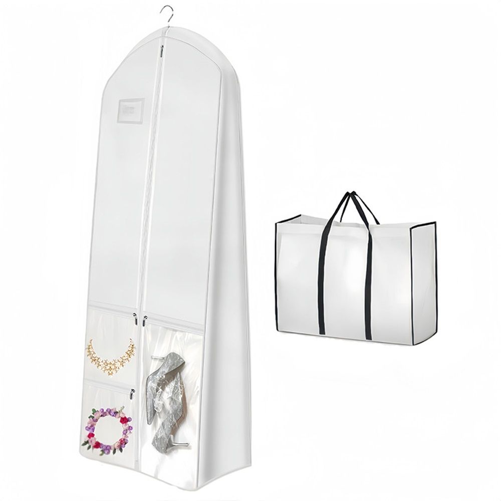 Portable 70" Wedding Dress Garment Bag with Bride Tote Bag 8'' Gusseted Dress Bags for Gowns Long  Dress Cover for Women, White
