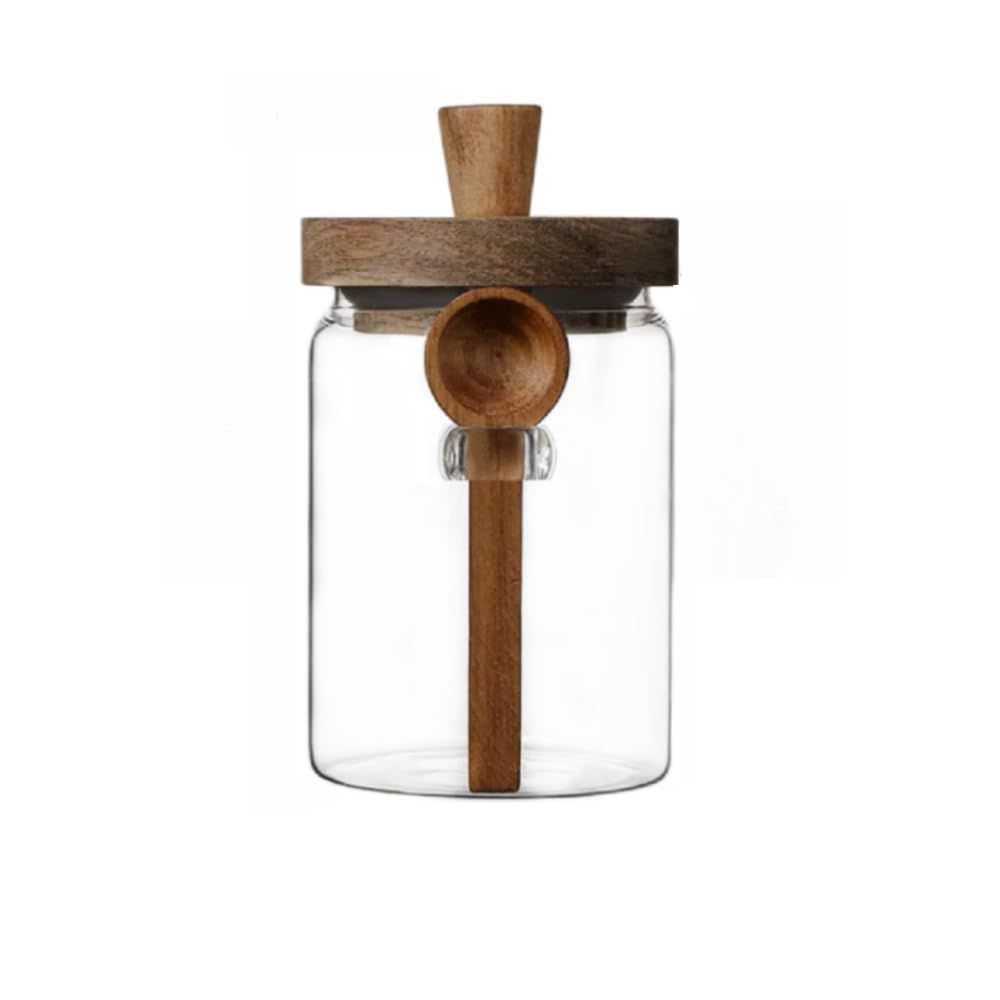 Glass Jar with Wooden Lid and Spoon,  Food Storage Containers Coffee Jar Coffee Grounds Container, Glass Food Storage Canister (1 Pcs, 600ml)