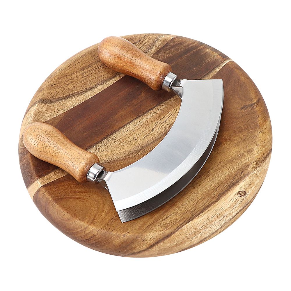 Cutting Board &  Knife - Wooden Chopping Board & 2-Bladed Curved Herb Cutter - Round Wood Board & Double Blade Rocker Chopper