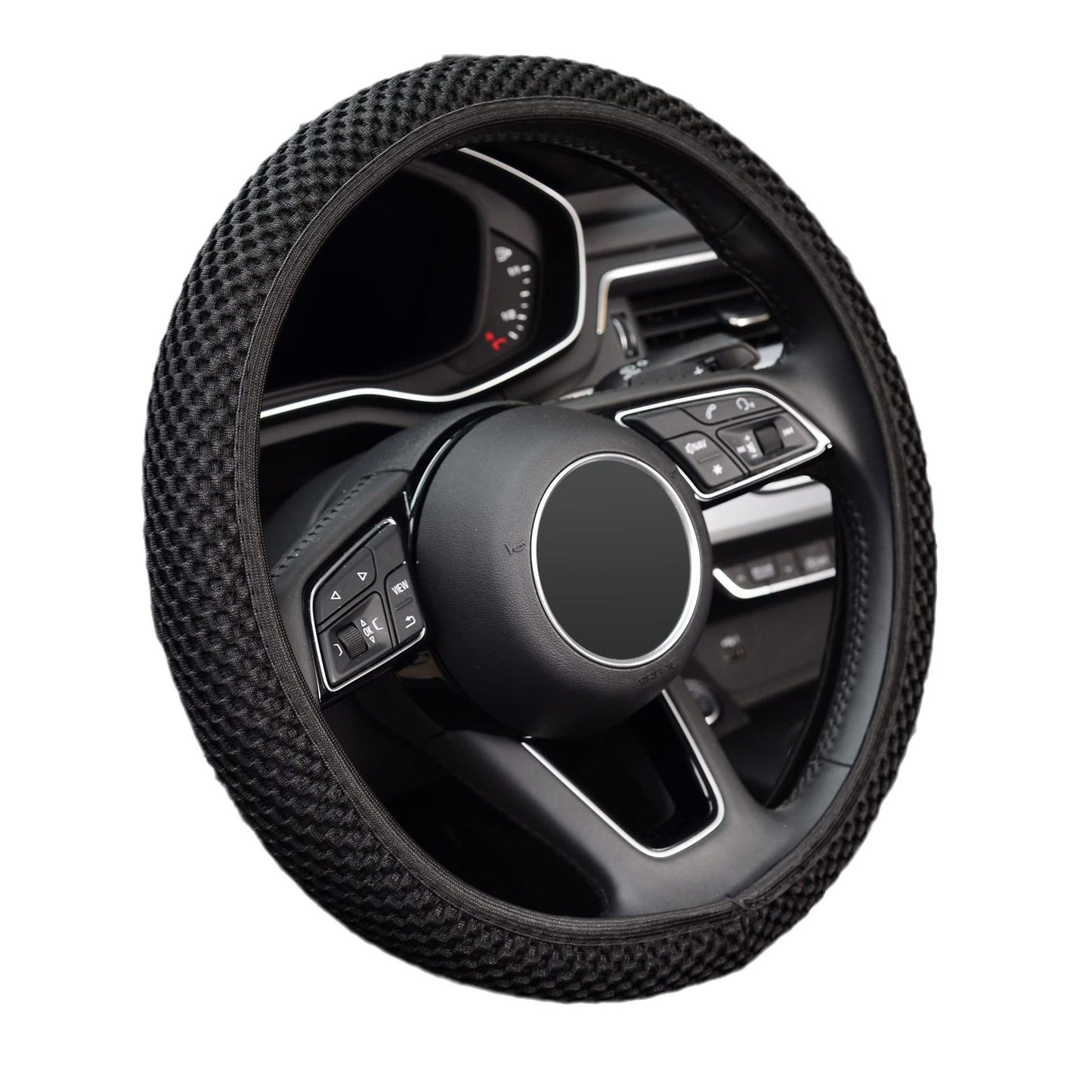 Elastic Stretch Steering Wheel Cover,Warm in Winter and Cool in Summer, Universal 15 inch, Microfiber Breathable Ice Silk, Anti-Slip, Odorless, Easy Carry,Black