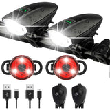 Bike Lights Set with Horn 1400LM USB Rechargeable Bicycle Headlight & Tail Light & Horn Waterproof 3 Lighting Modes Fits Bicycles for Road and Mountain