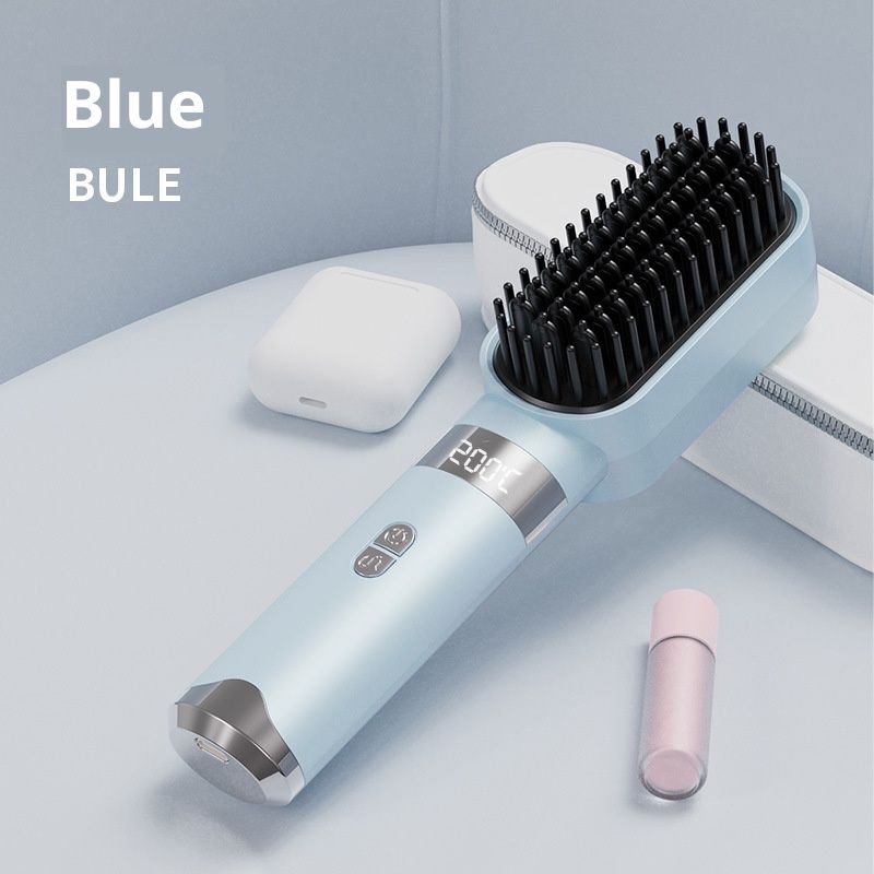 Cordless Hair Straightener Brush Portable on The go Comb for Travel USB chargingTwo Power sources Fast HeatingLCD Large Screen Display (blue)
