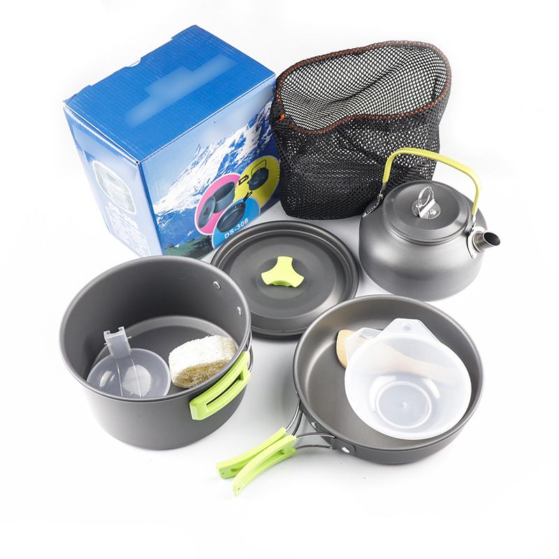 Camp Cookware 2-3 People Set, Pan Pot Teapot Lightweight Outdoor Portable Camping Cooker Set for Trekking Hiking BBQ Picnic Campfire